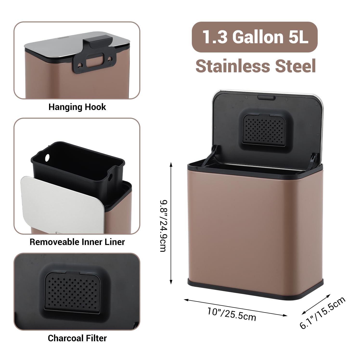 1.3 Gallon 5L Slim Stainless Steel Trash Can Lid Odor Control Charcoal Filter