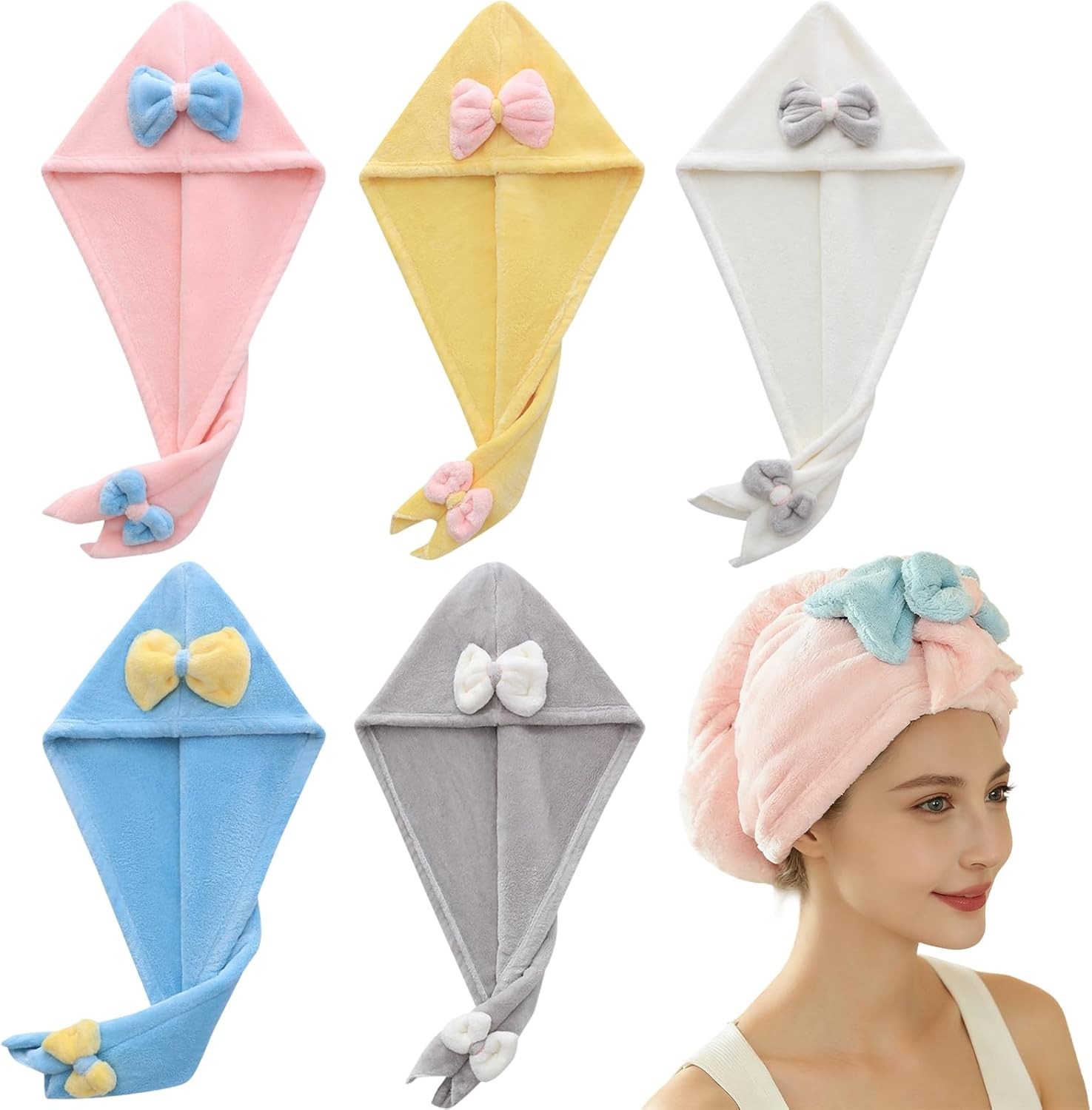 5Pcs Hair Wrap Towels with Cute Bowtie for Women, Shower Microfiber Quick Dry