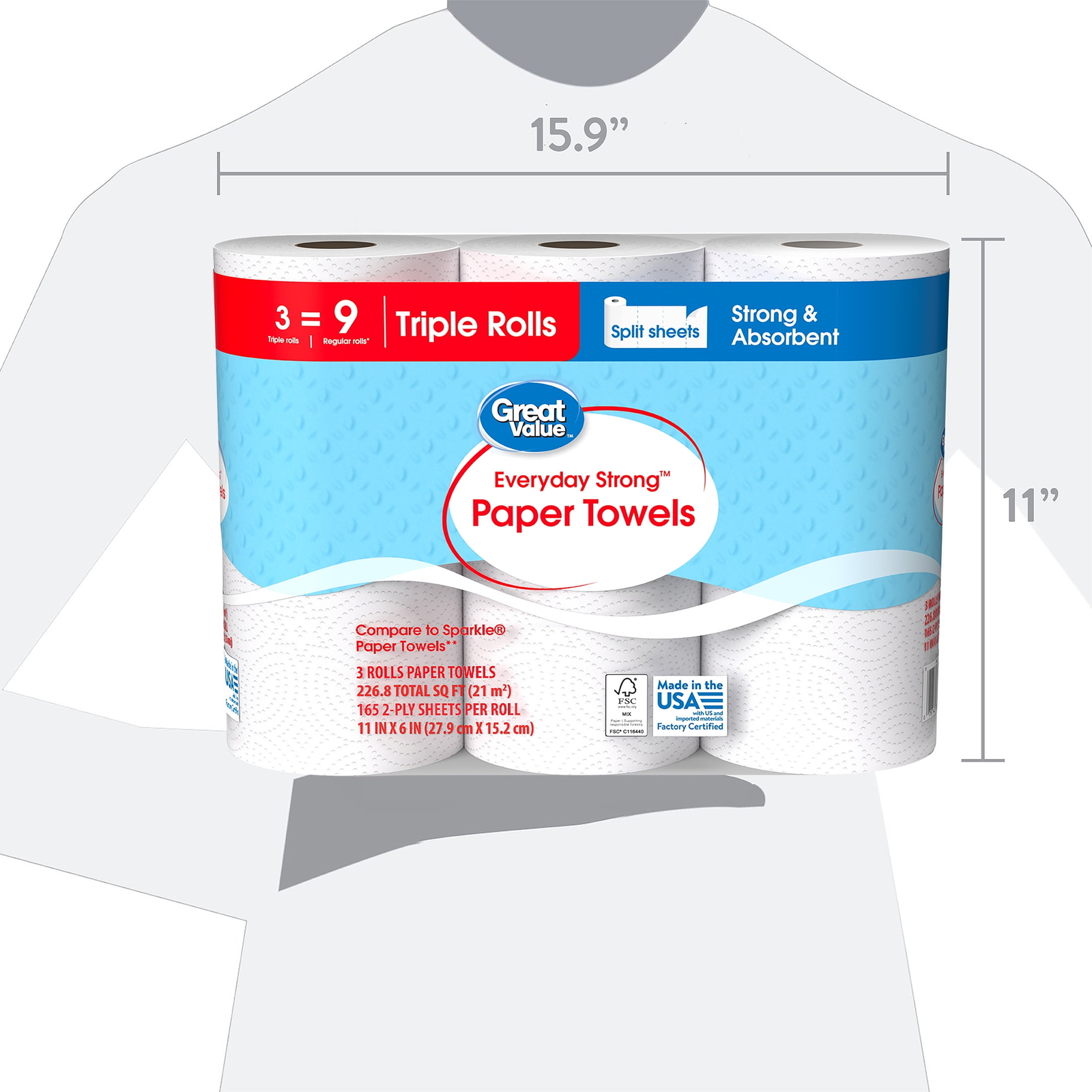Everyday Strong Paper Towels, Split Sheets,3 Triple Rolls, Compare to Sparkle®