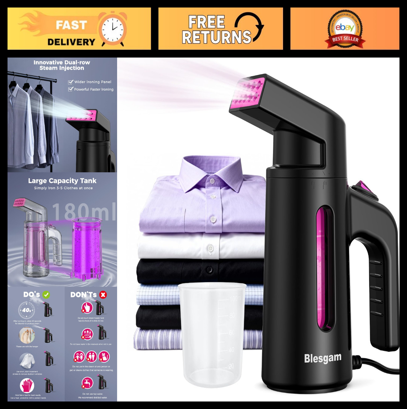 Portable Clothes Steamer, 25g/min Dual-Row Steam, 180ml Capacity, Fast Heat-up 4