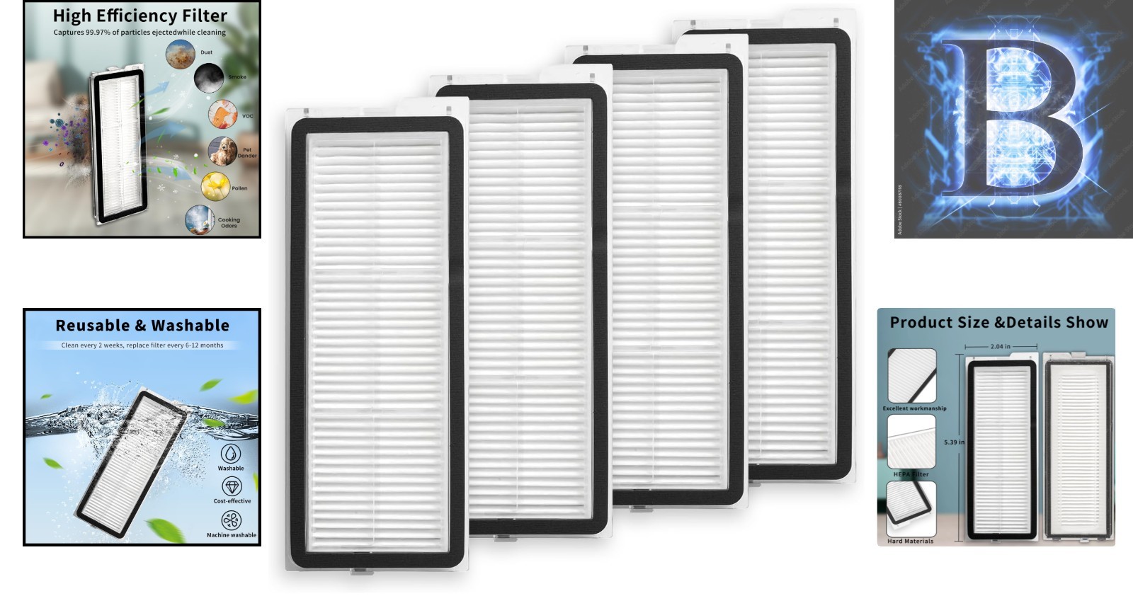 Replacement HEPA Filter Kit for Roborock QRevo S, Pro, Plus – 4 Washable Filters