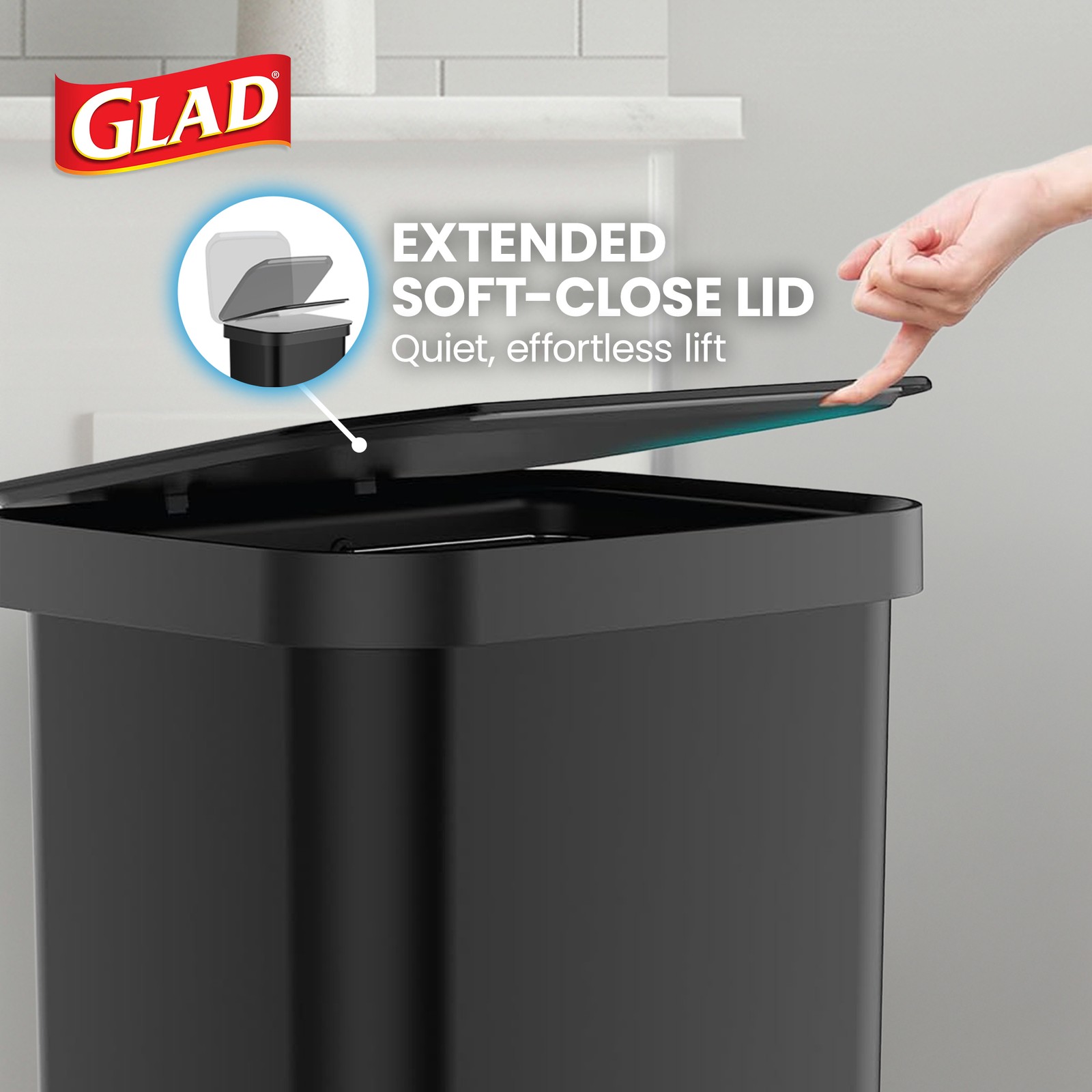 Glad Step Trash Can, Soft Close Bin w/Odor Protection, 20 Gal, Black (Open Box)