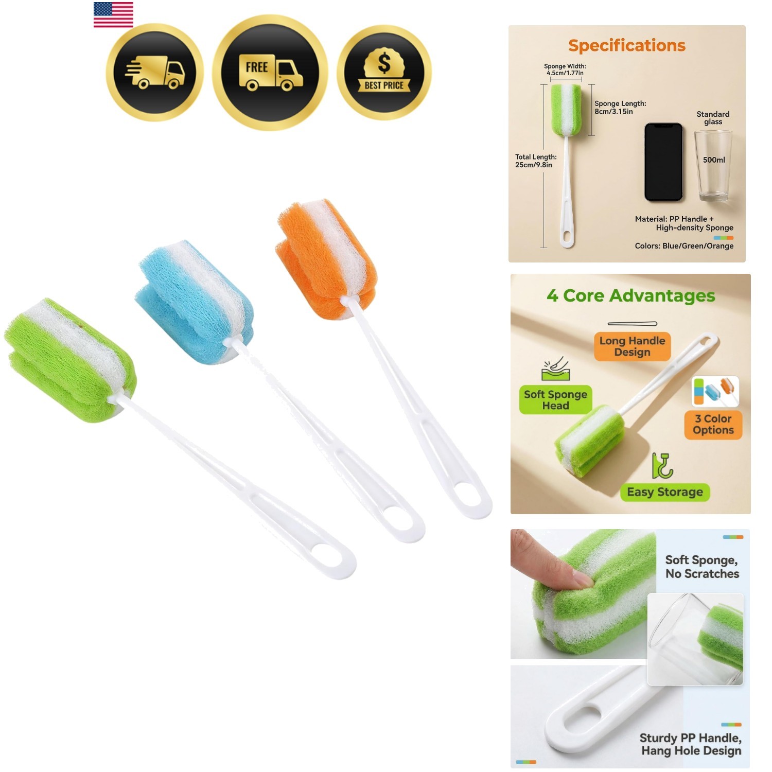 3PCS Soft Hanging Sponge Cleaning Brush Cleaner with Long Handle Cup Feeding …