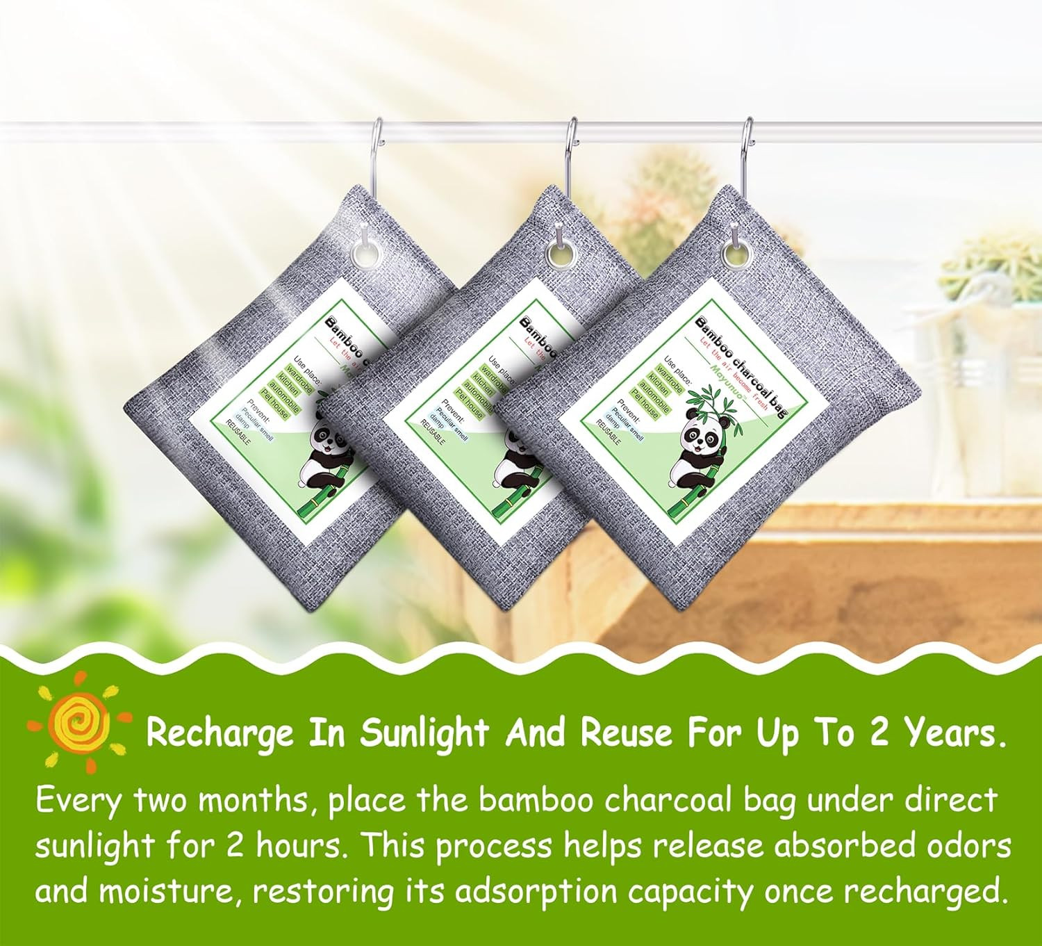 Activated Charcoal Odor Absorber Bags, 3 Pack Bamboo Deodorizer