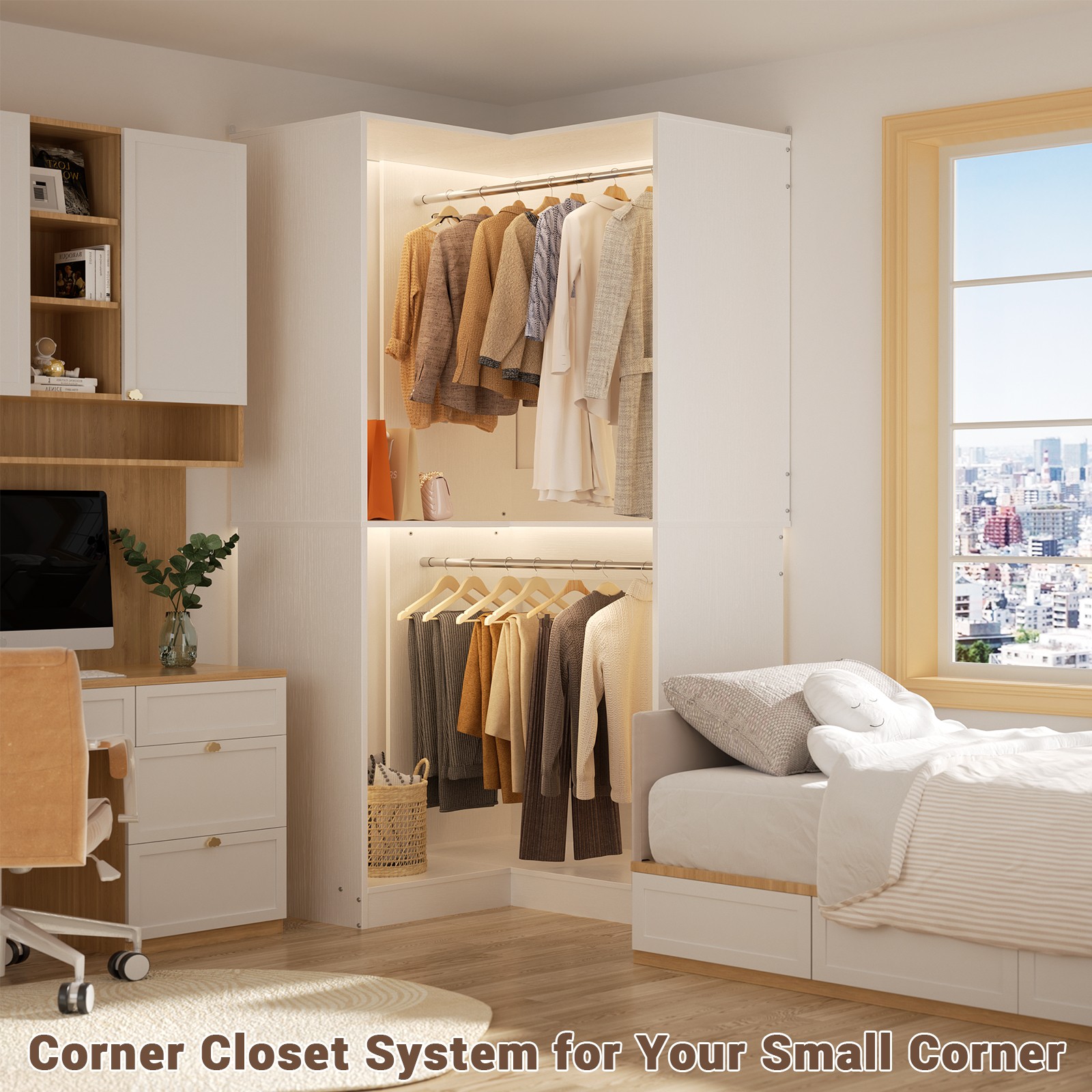 32″ Wide Wood Corner Closet Organizer System with 2 Hanging Rod & Storage Shelve