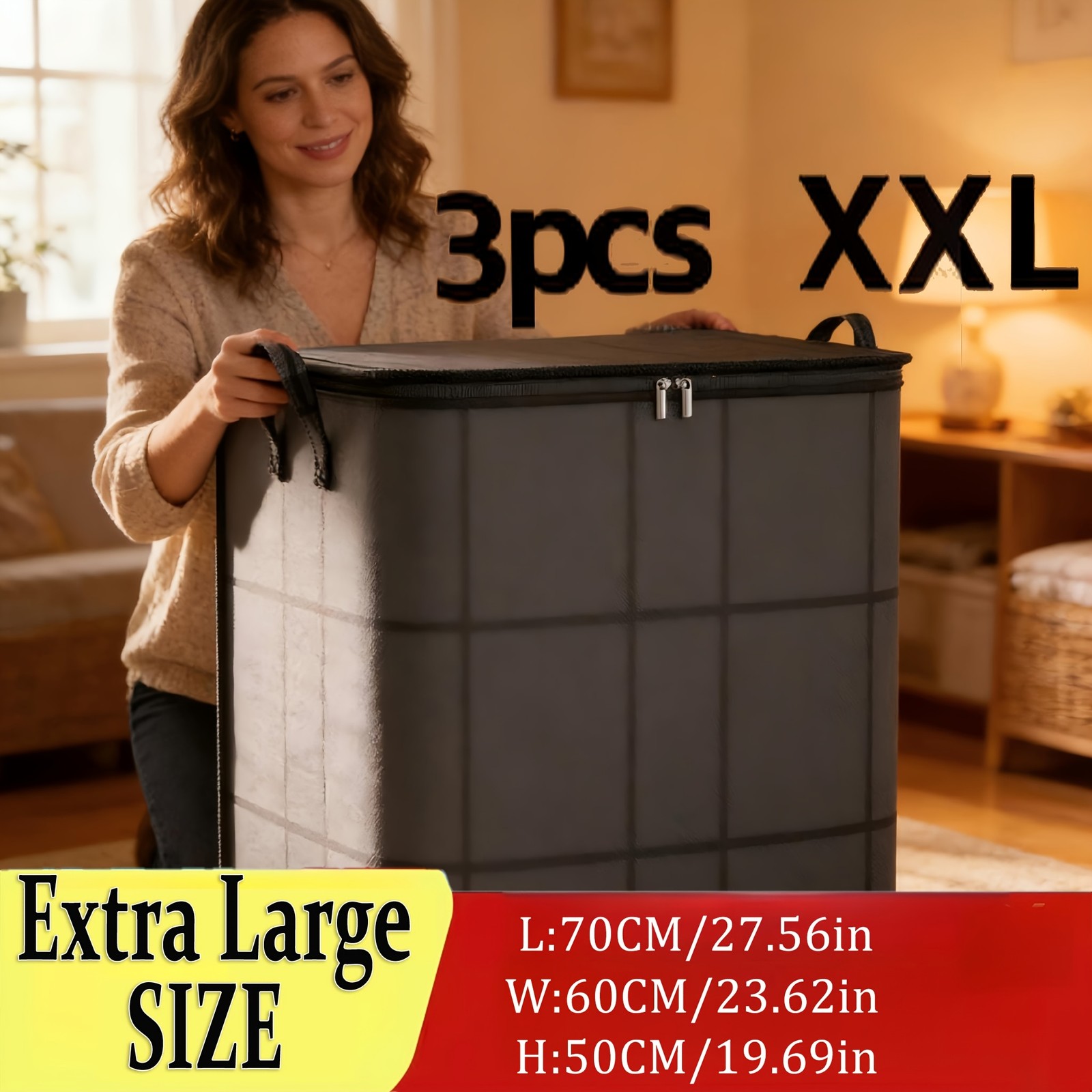 3 Pack Large Clothes Storage Bags Foldable Double Zipper Quilt Blanket Closet