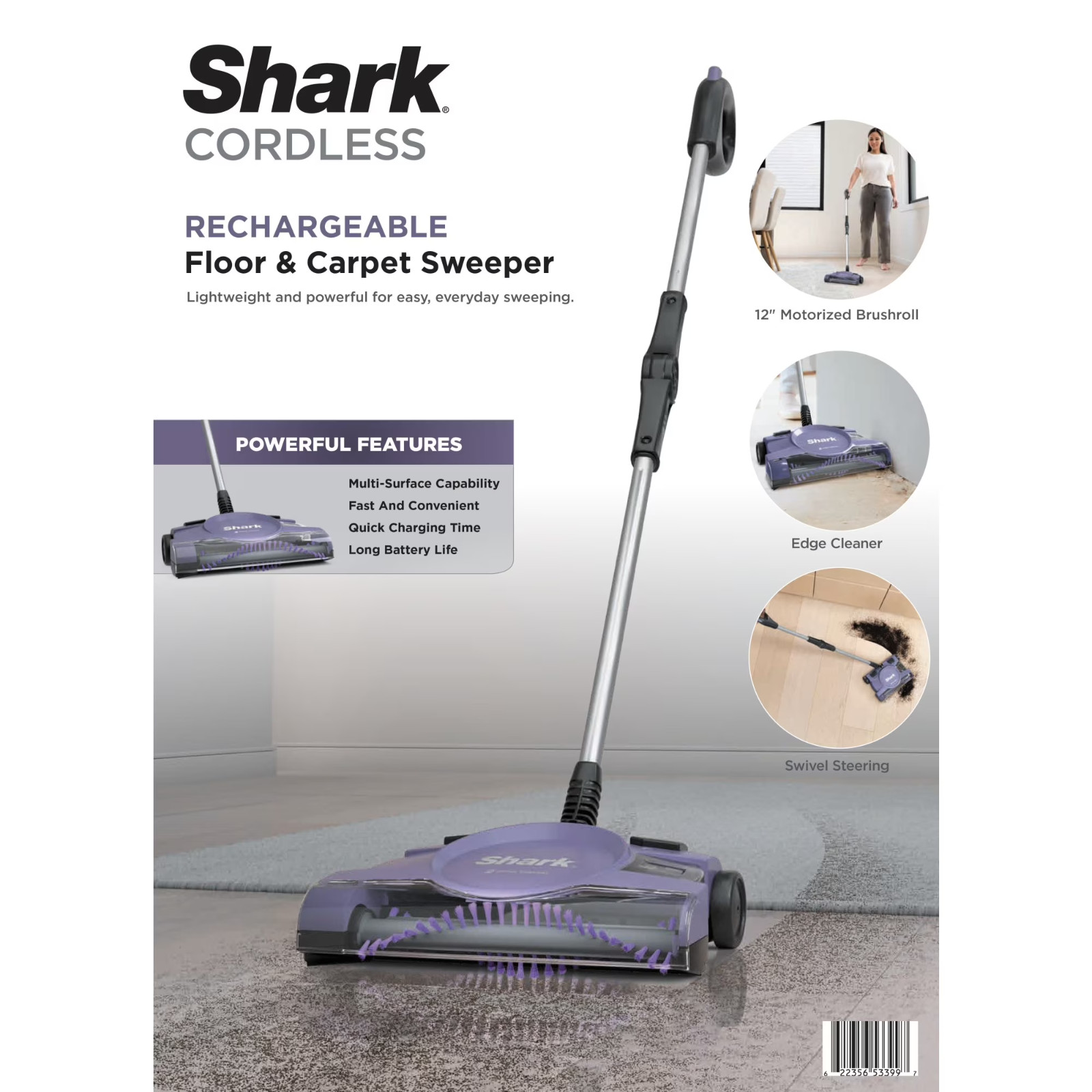 Shark 12″ Rechargeable Floor & Carpet Sweeper, Ultra-lightweight – V2945Z