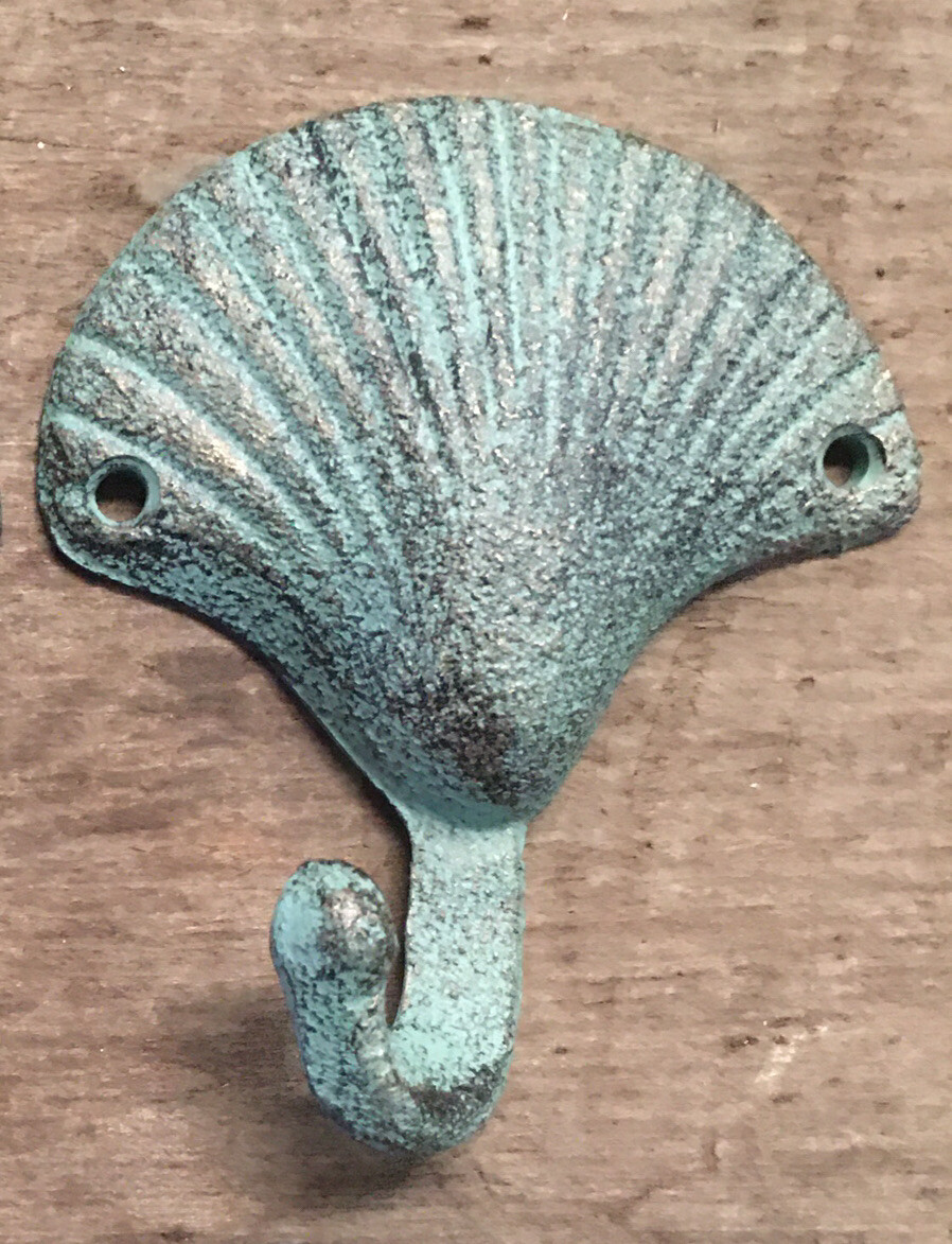 BLUE GREEN SEASHELL BATHROOM KITCHEN HOOKS ocean clam sea shell beach cast iron