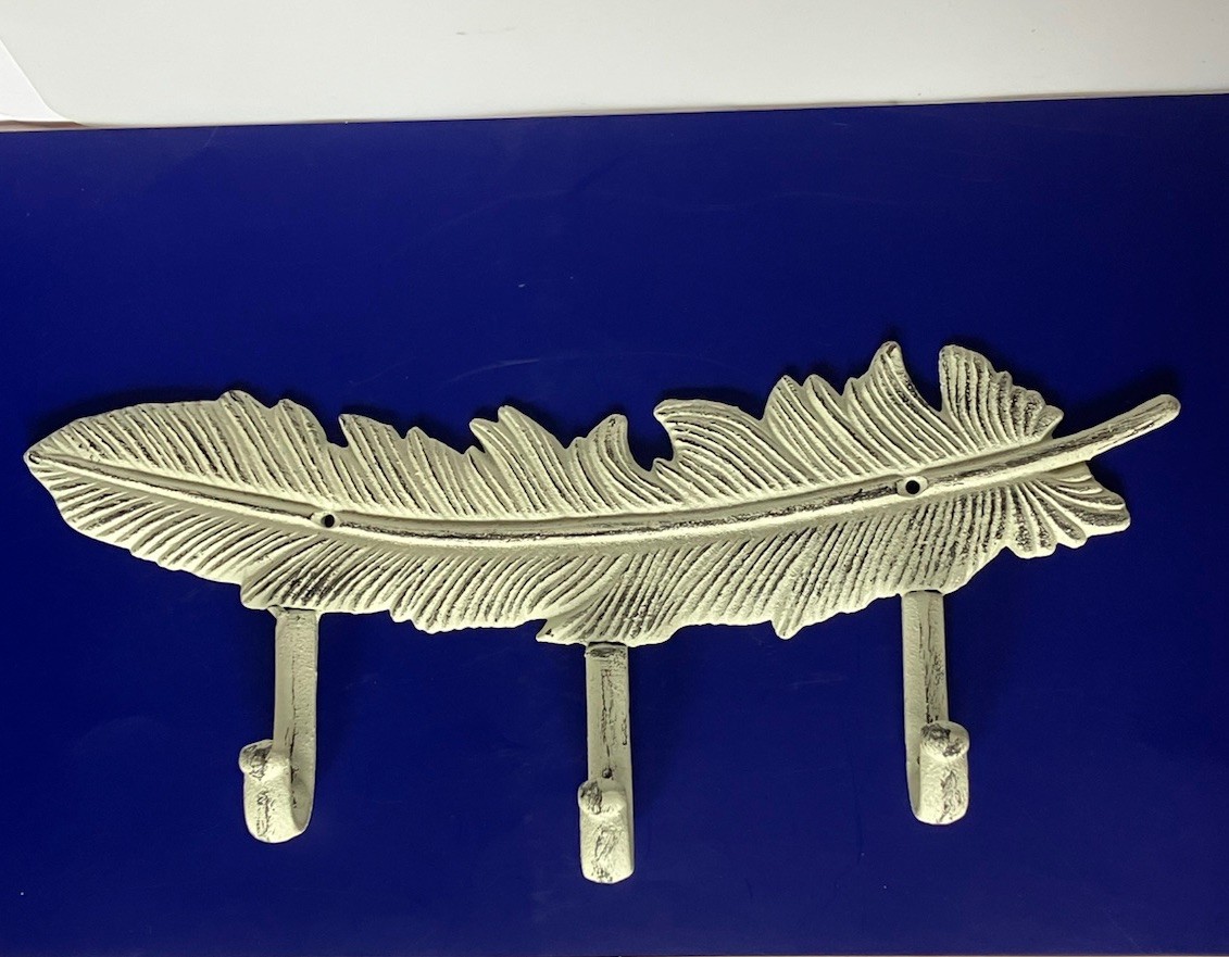 Cast Iron Feather Three Hook Coat/ Towel Hanger 13 Inches