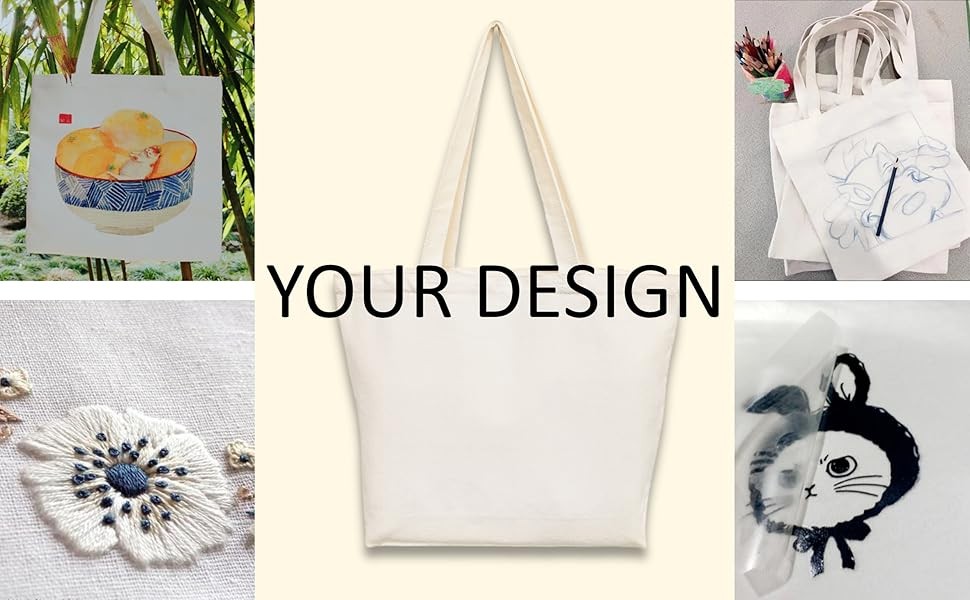 Canvas Tote Bag, Pockets, Zipper, Durable, Lightweight, Cotton Shopping Cloth