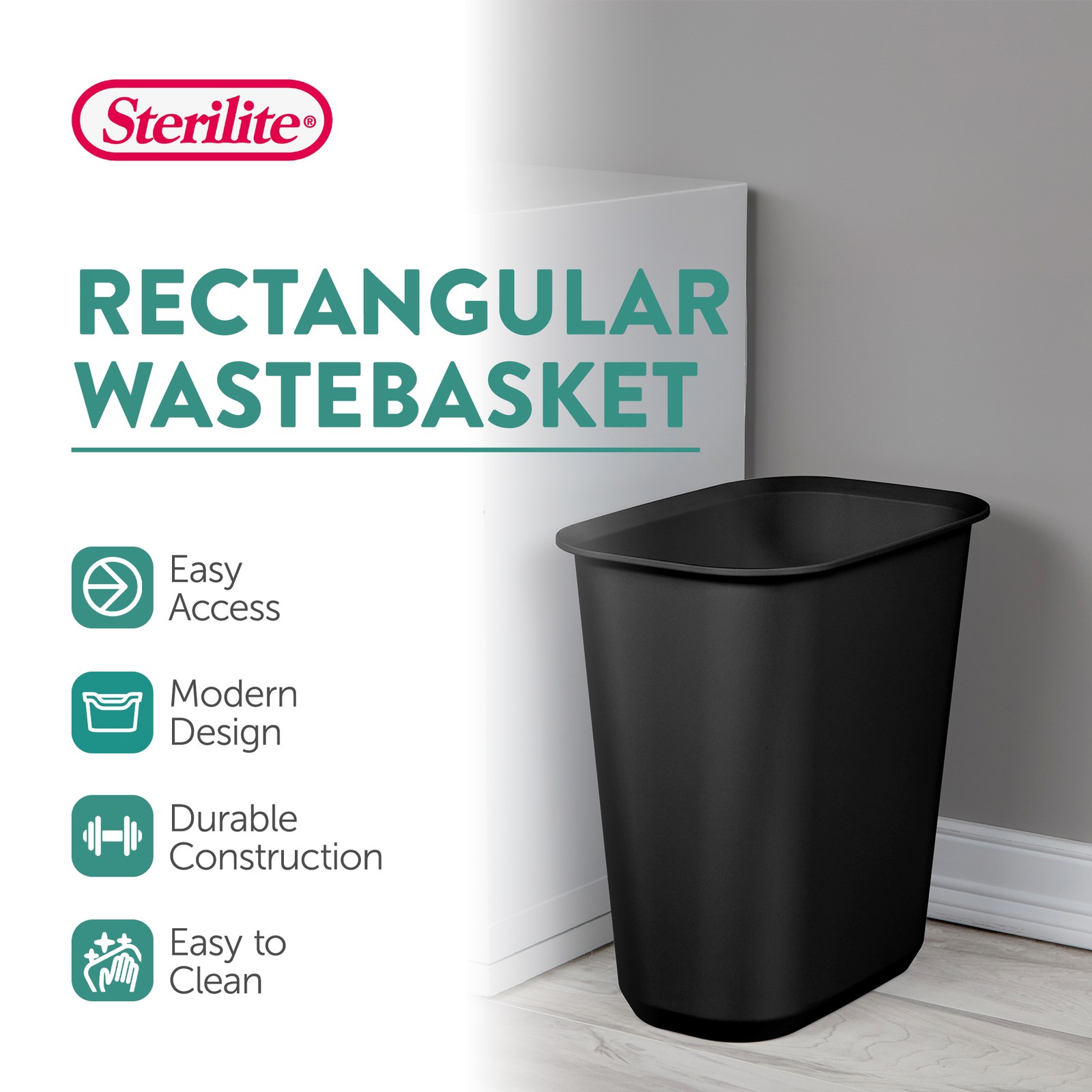 Sterilite Rectangular Wastebasket 5.5 Gallon Open Top Trash Bin, 6 Pack, Black