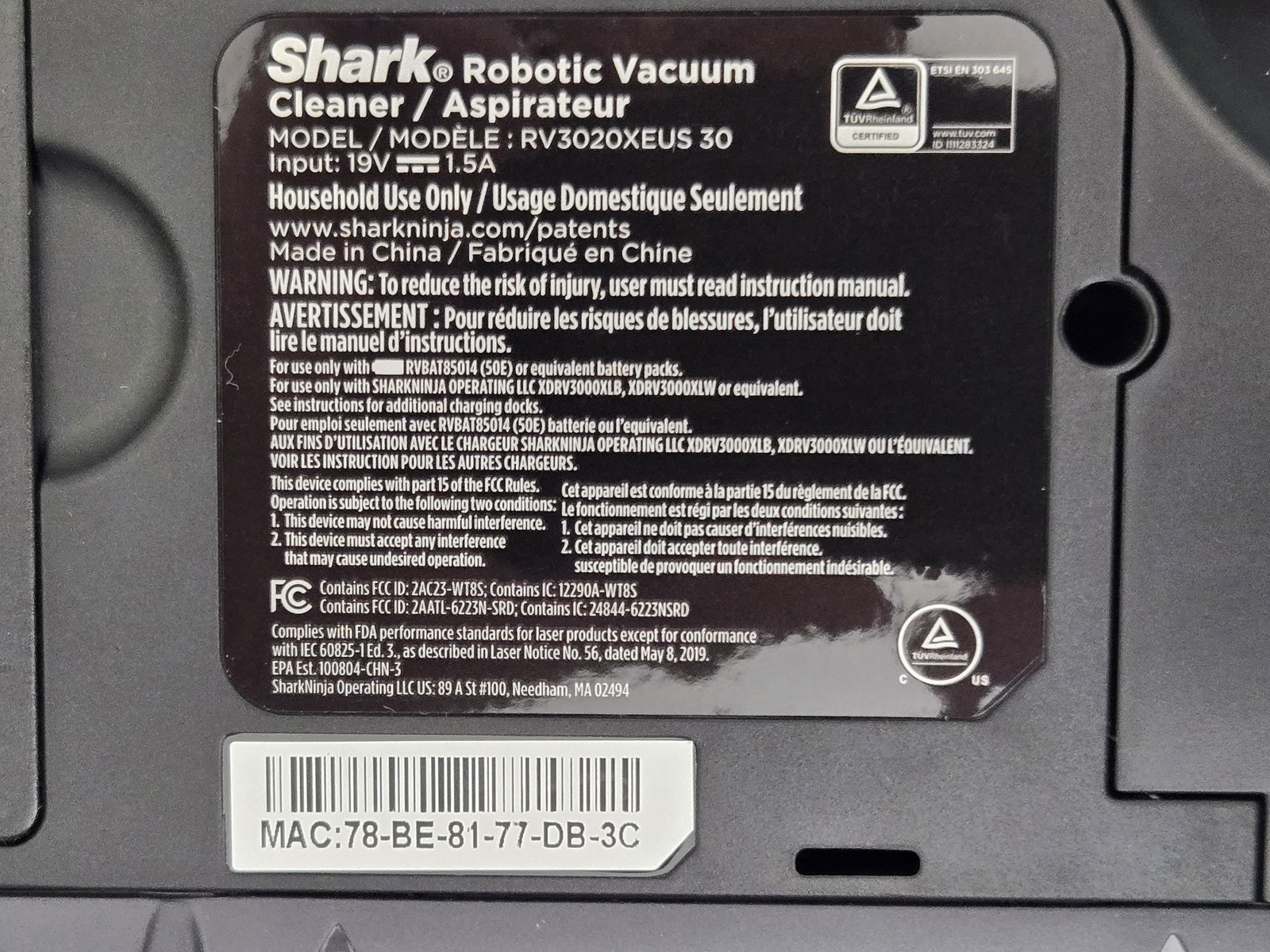 Shark PowerDetect UV Reveal 2-in-1 Robot Vacuum & Mop RV3020XE