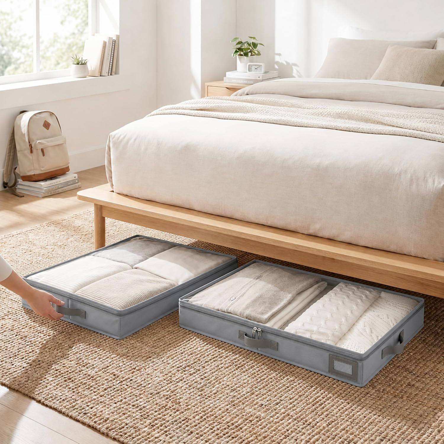 4″ Low Profile under Bed Storage Bins (2-Pack, Grey), Slim 600D Oxford Fabric Cl