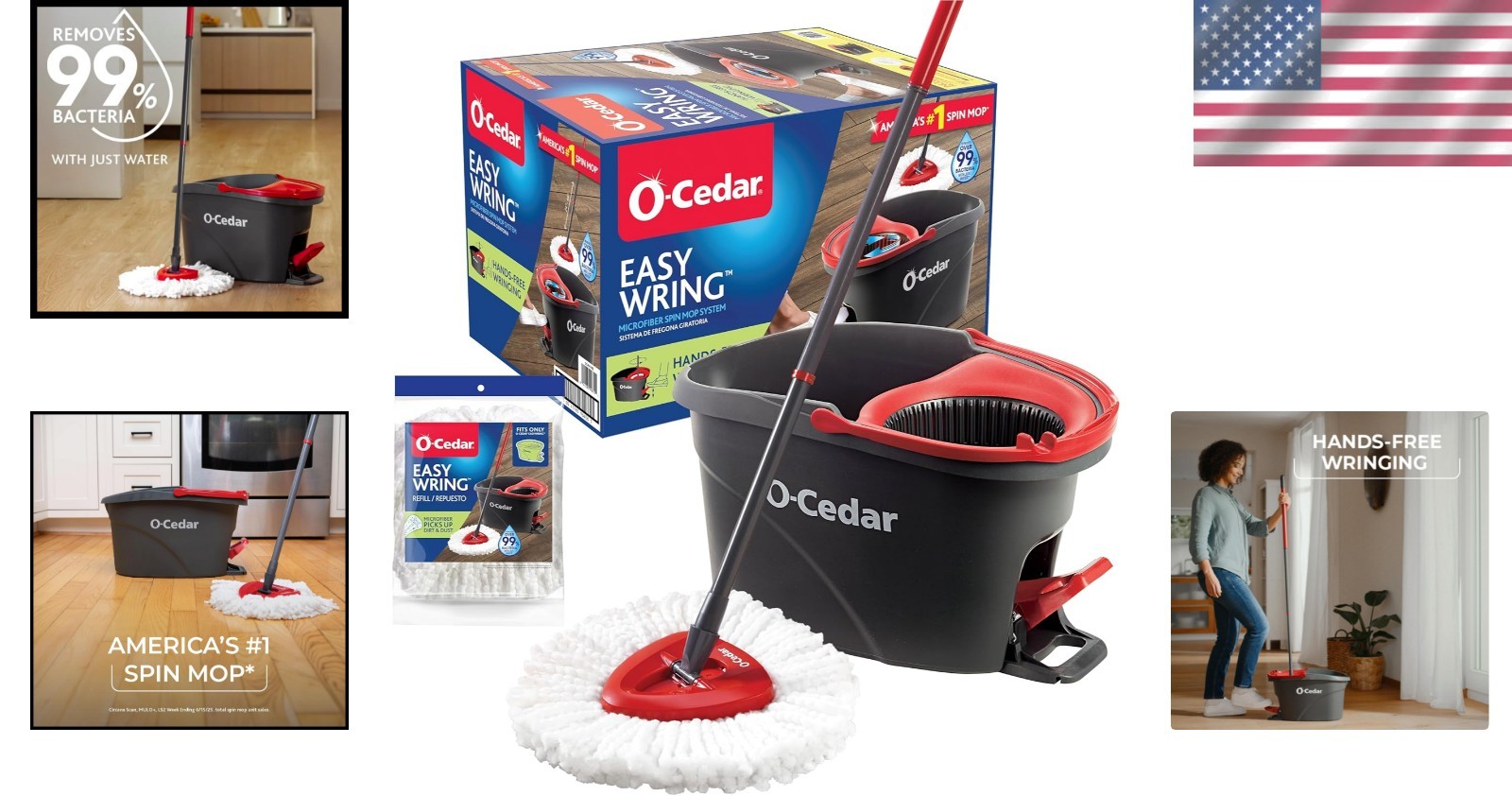 O-Cedar EasyWring Spin Mop & Bucket System – Effortless Floor Cleaning, 1 Refill