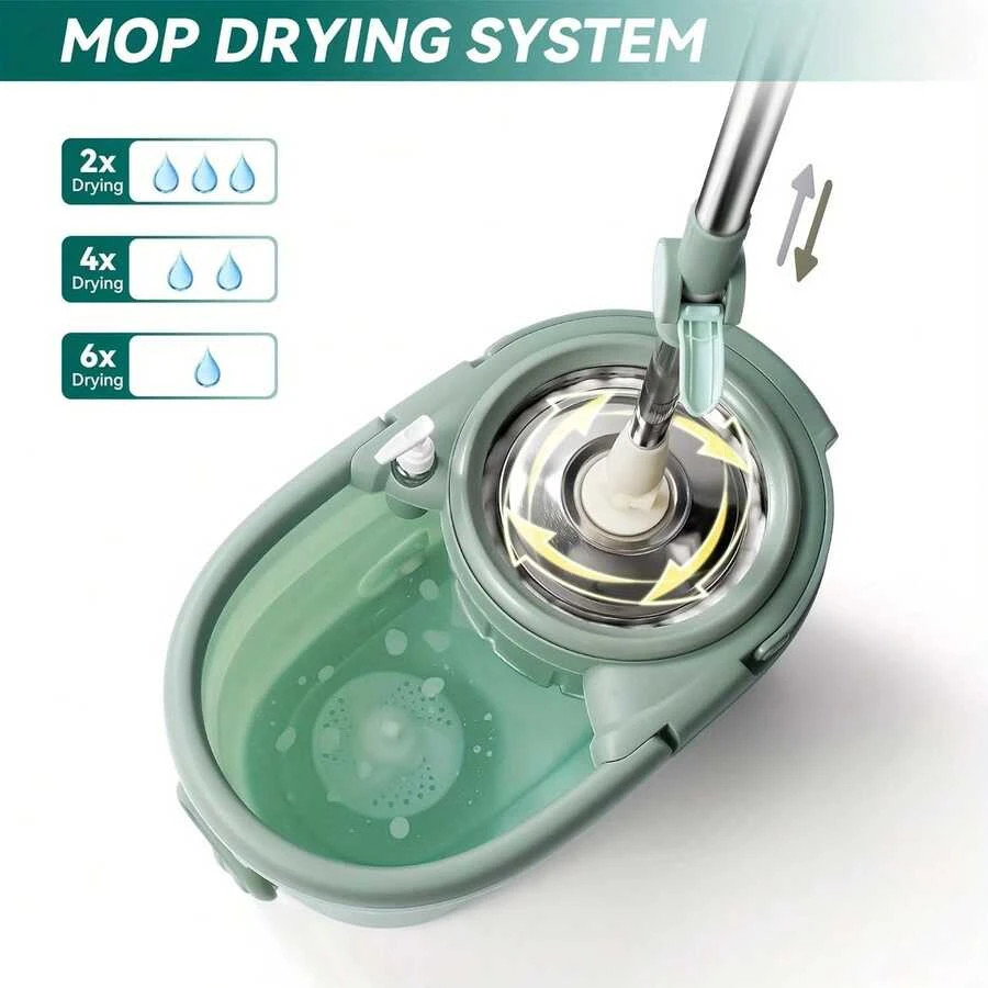 360° Spin Mop Bucket System 61″ Handle 2 Microfiber Refills