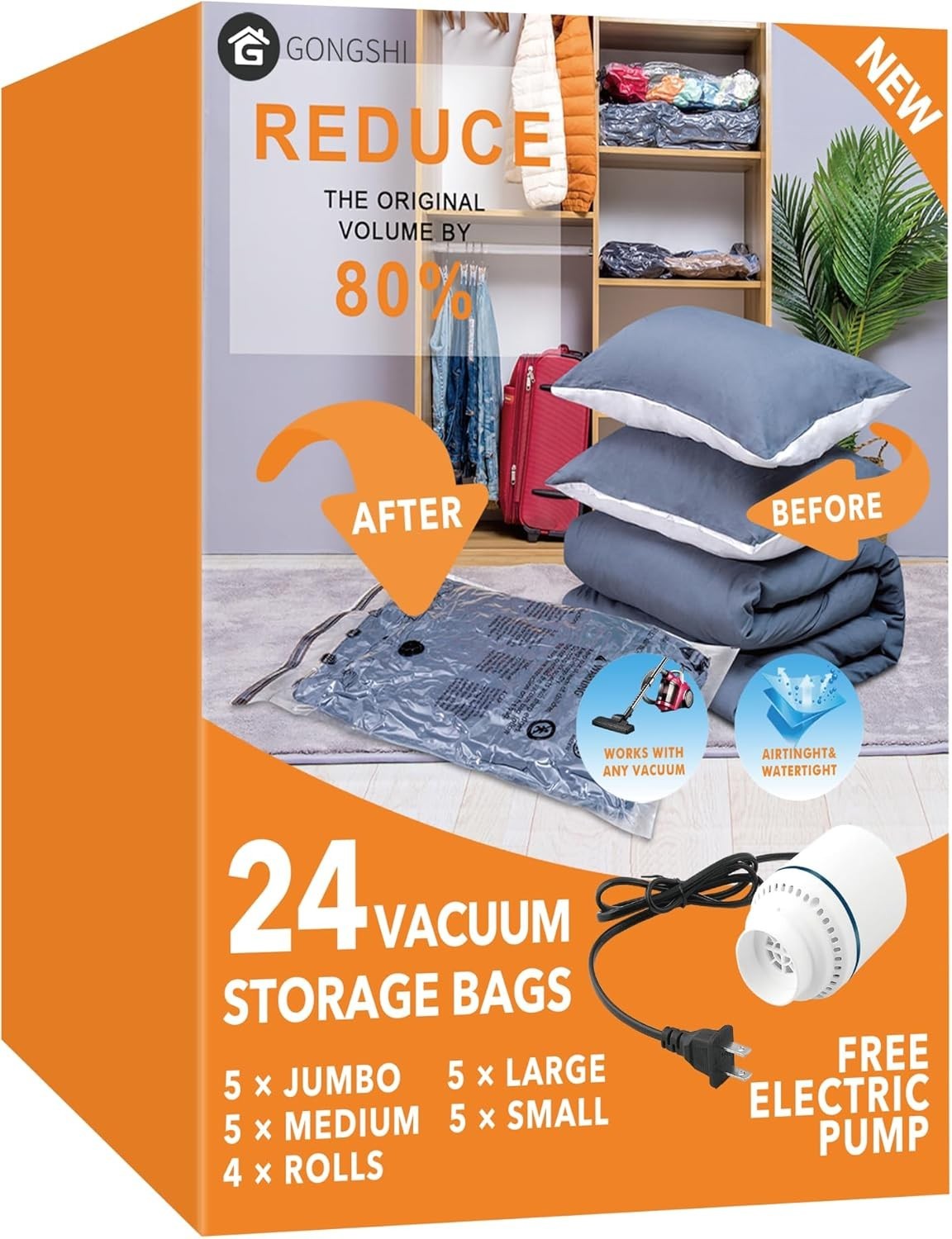 Vacuum Seal Storage Bags 24 Pack with Electric Air Pump for Comforters Clothing