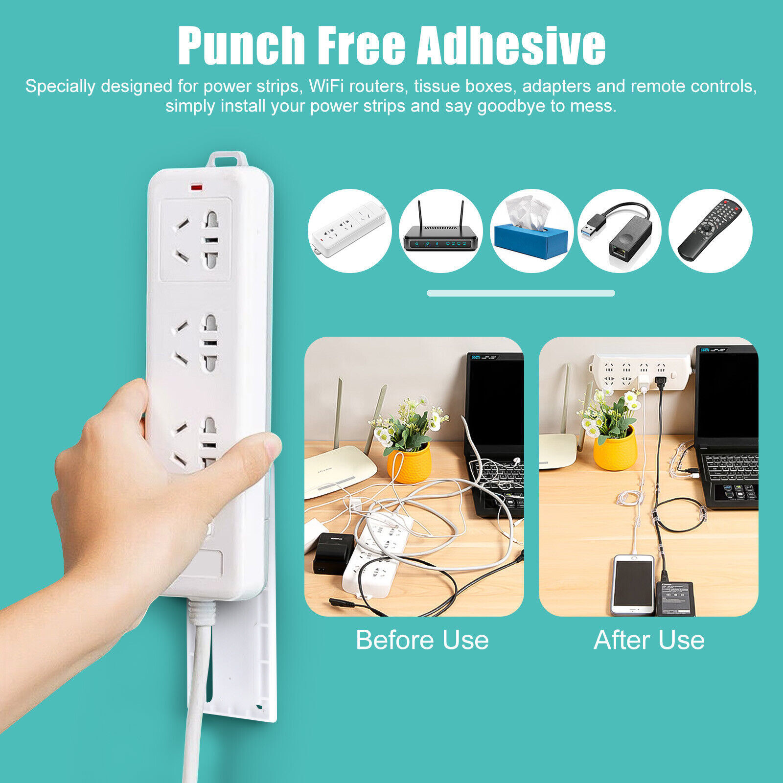 6 × Self-Adhesive Desktop Punch-Free Socket Fixer Holder Kitchen Home Office USA