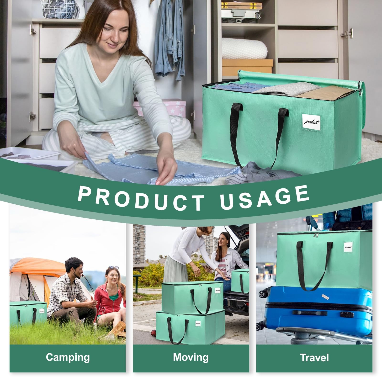Mint Green Extra Large Heavy Duty Moving Bags Storage Totes with Zippers Set