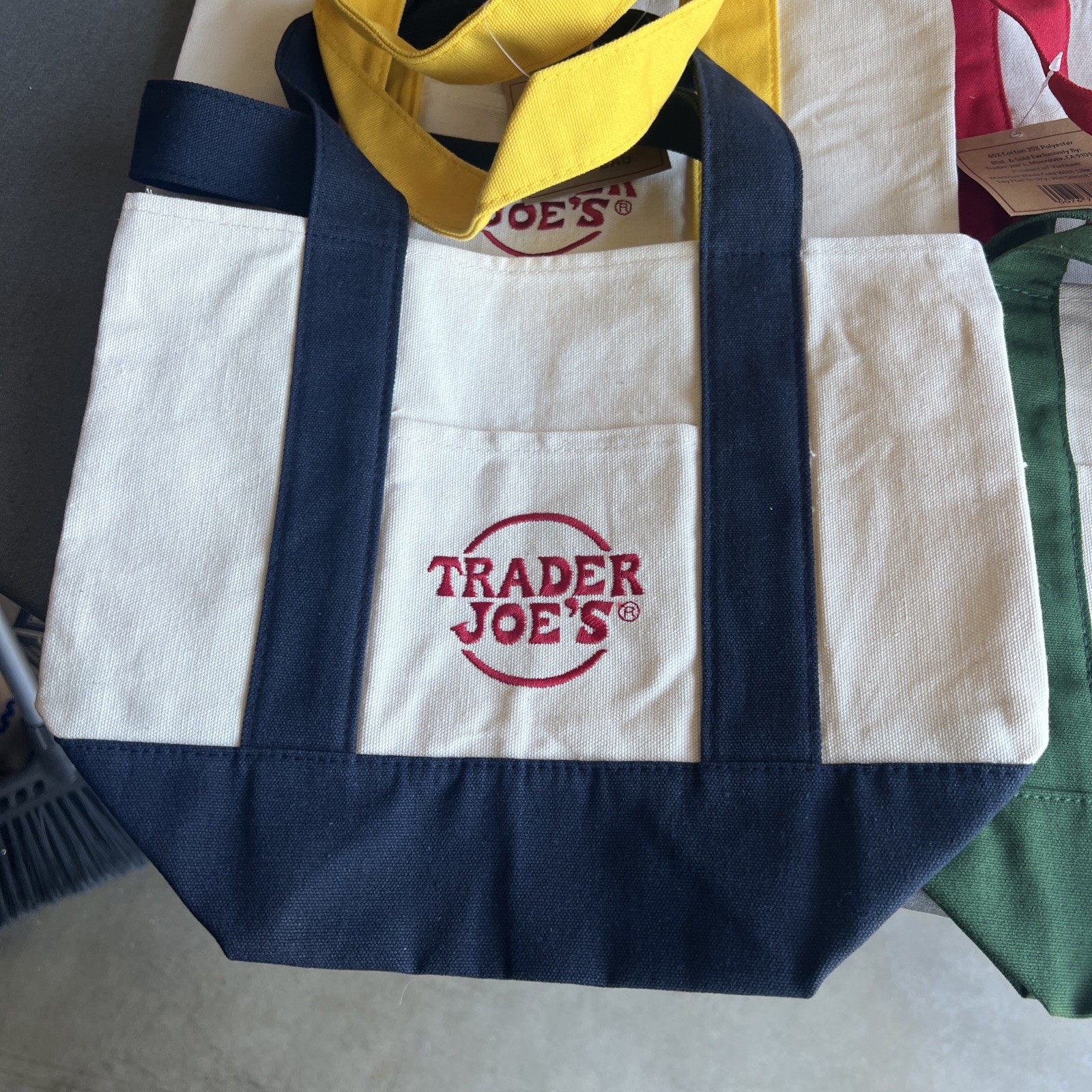 Trader Joe’s Mini Canvas Reusable Tote Bag Navy Blue/Yellow/Red/Green – Set Of 4