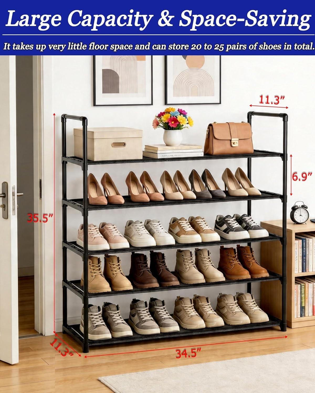 5 Tier Shoe Rack Sturdy Space Saving Shoe Storage Organizer for Home Office
