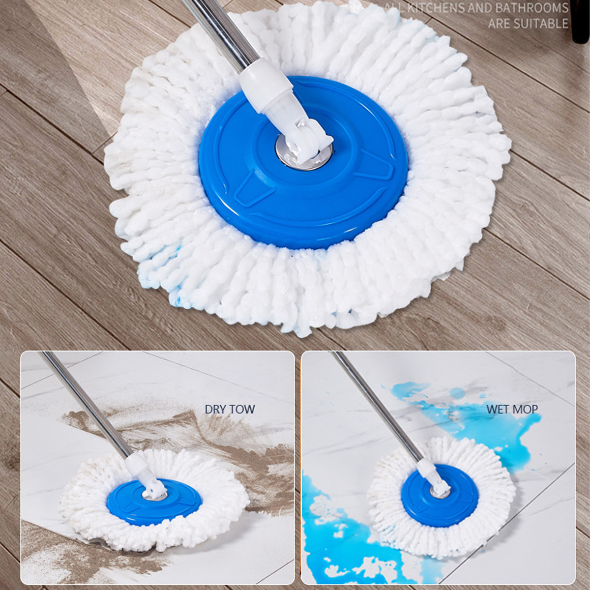 360° Spin Mop & Bucket Set w/ 3 Microfiber Heads, Stainless Steel Wringer