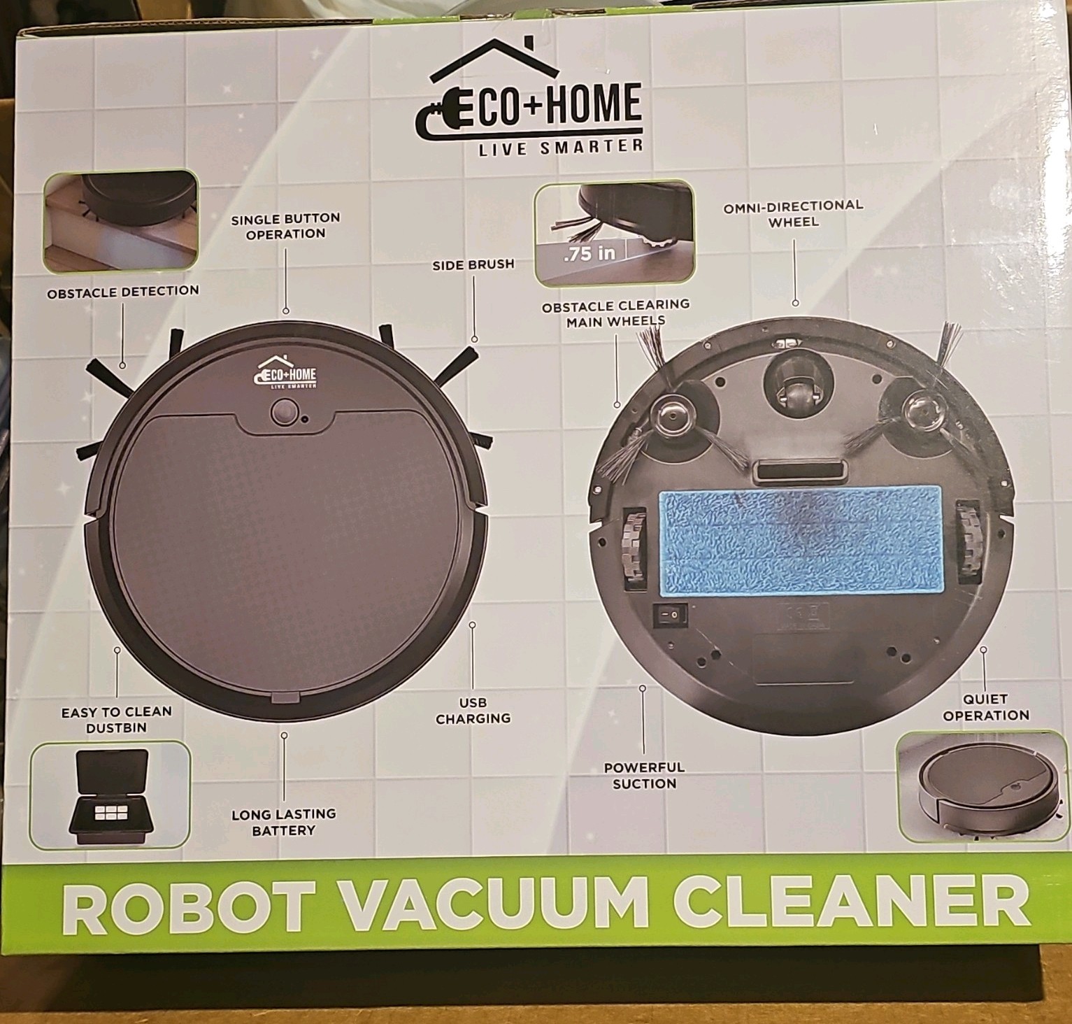 Eco+Home Cordless Bagless Robot Vacuum, App Control, Gray, Sensors/Route