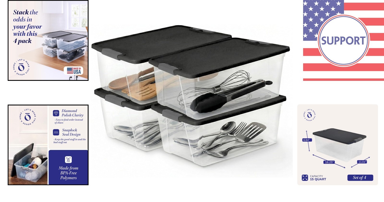 Stackable Clear Plastic Bins with Lids, 4-Pack, Shatterproof and Water Resistant