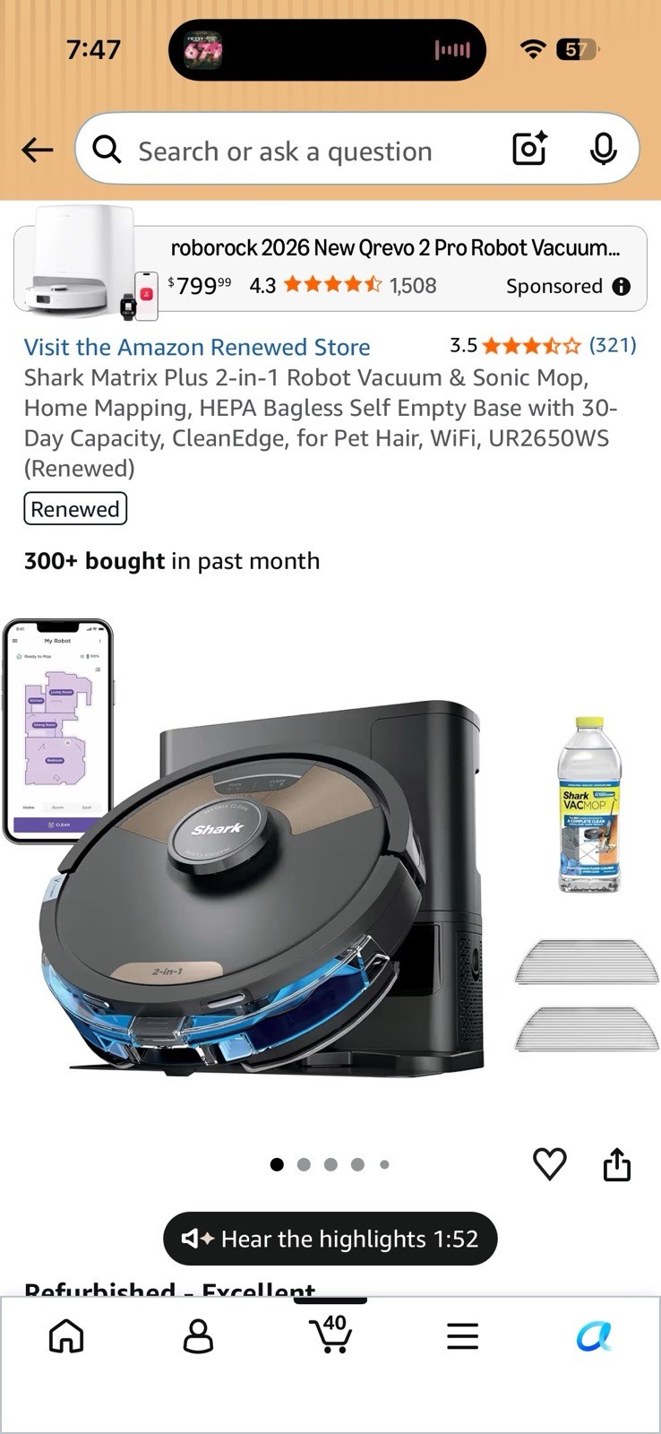 Shark Matrix Plus 2-in-1 Robot Vacuum Mop Self-Emptying Base Black/Gray
