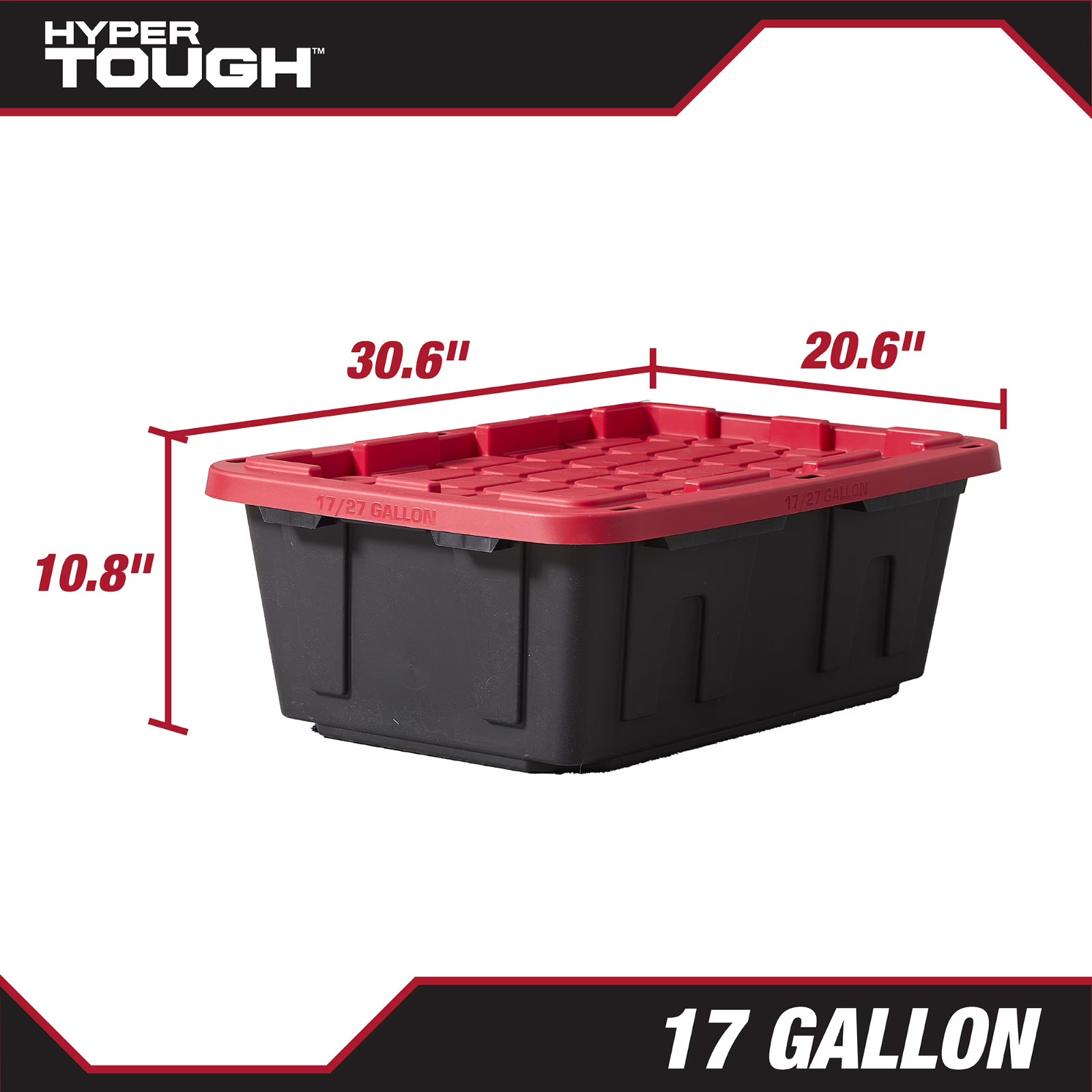 Hyper Tough 17 Gallon Medium Storage Bin with Snap Lid Black and Red Heavy Duty