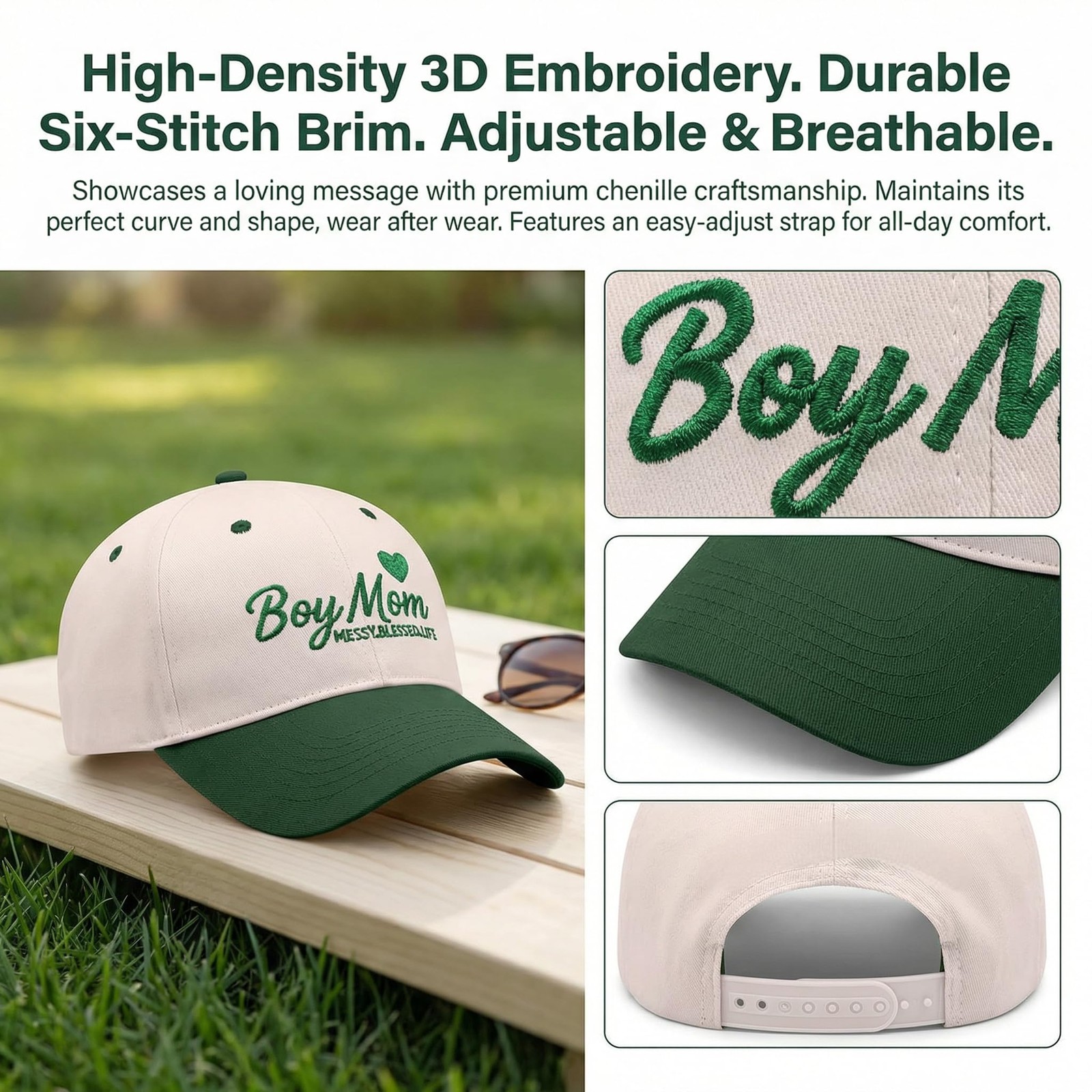 Stitchverse Boy Mom Adjustable Embroidered Baseball One Size, White/Green
