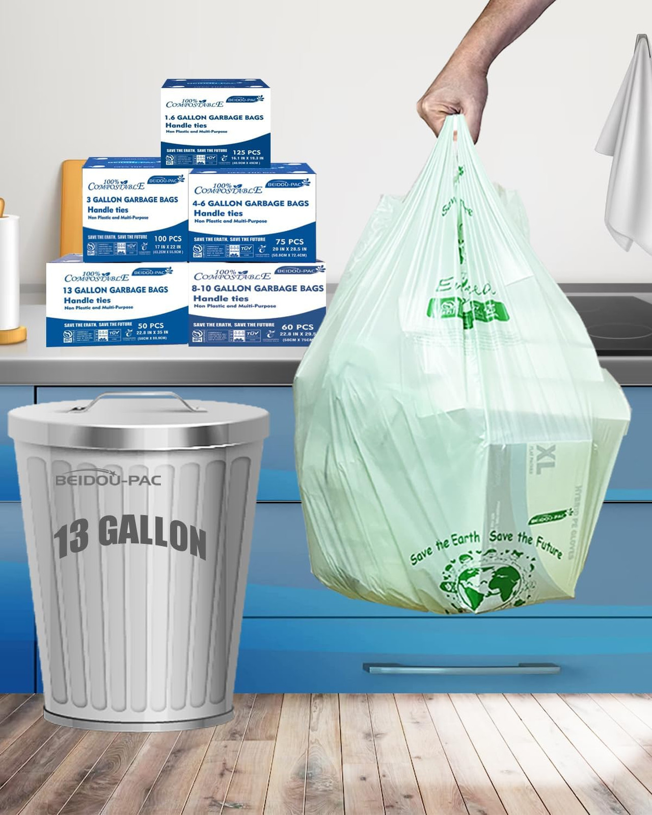 13 Gallon Compostable Trash Bags with Handles, 50 Count, Food Scrap Waste, ASTM