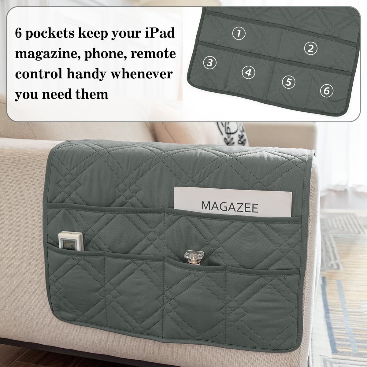 Couch Armrest Organizer Remote Control Holder Bedside Caddy with 6 Pockets, N…