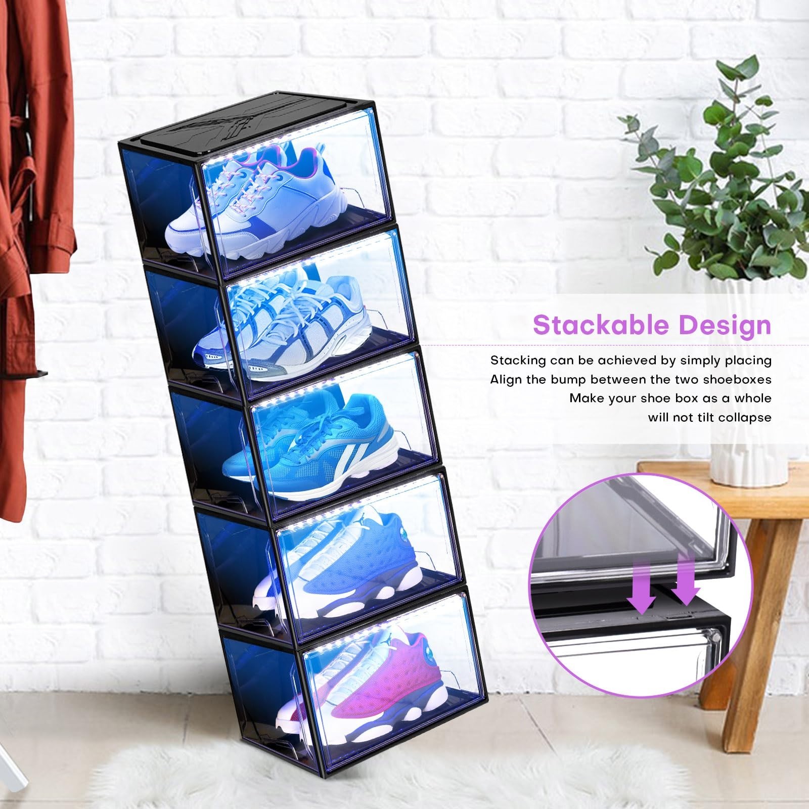 LED Smart Shoe Display Boxes, Stackable Storage Organizers, Clear Case for Sneak