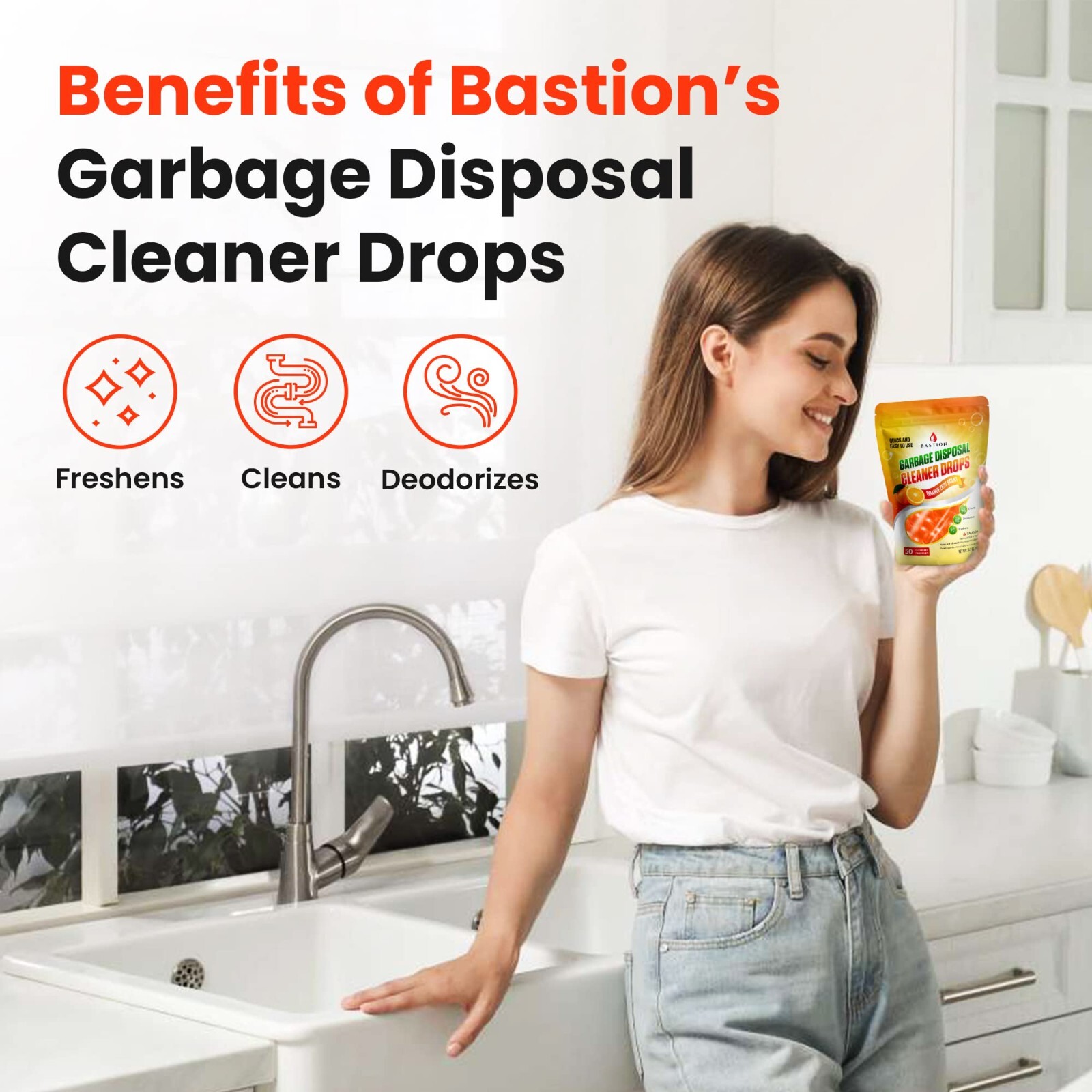 Garbage Disposal Cleaner and Deodorizer Drops by Bastion Orange Zest Scented