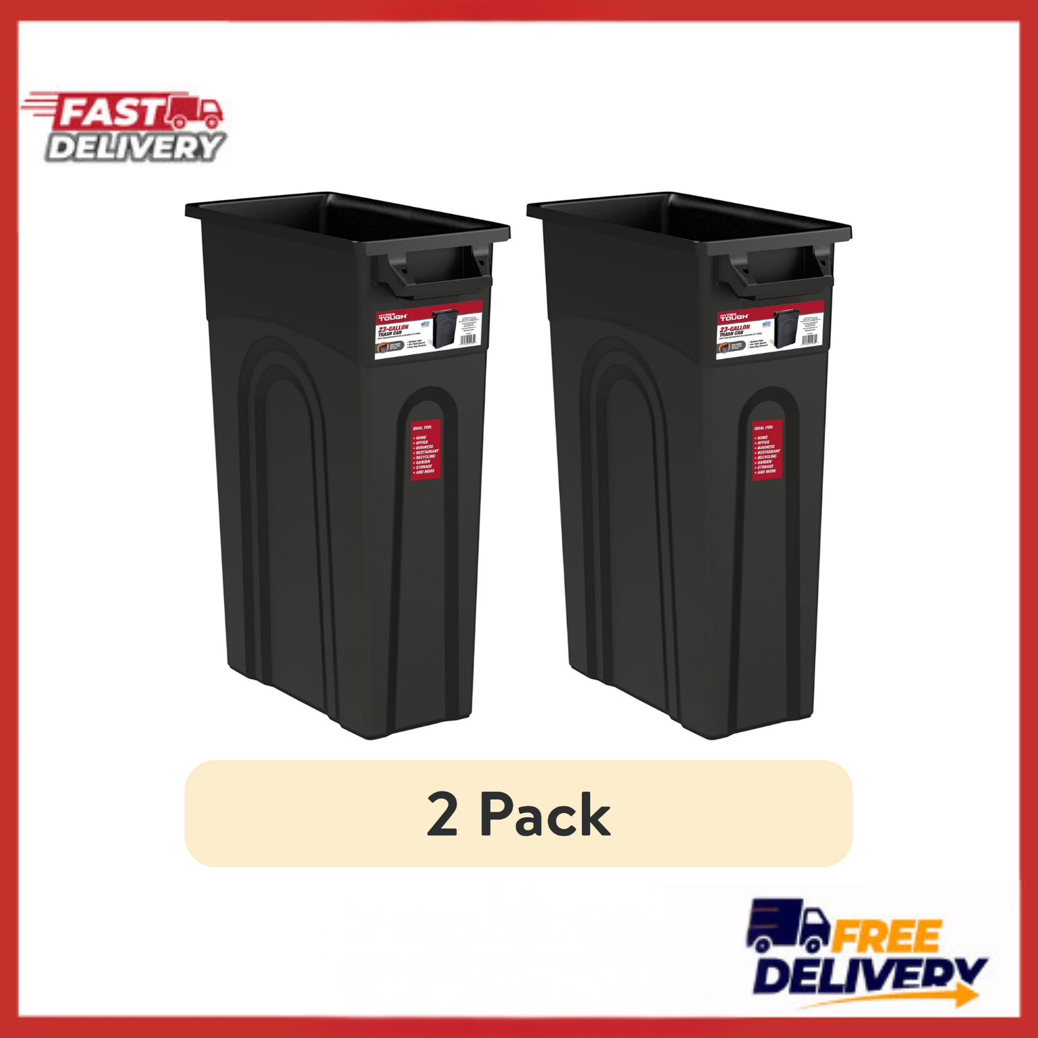 2 Pk Hyper Tough 23 Gallon Highboy Trash Can Heavy Duty Garbage Container Black