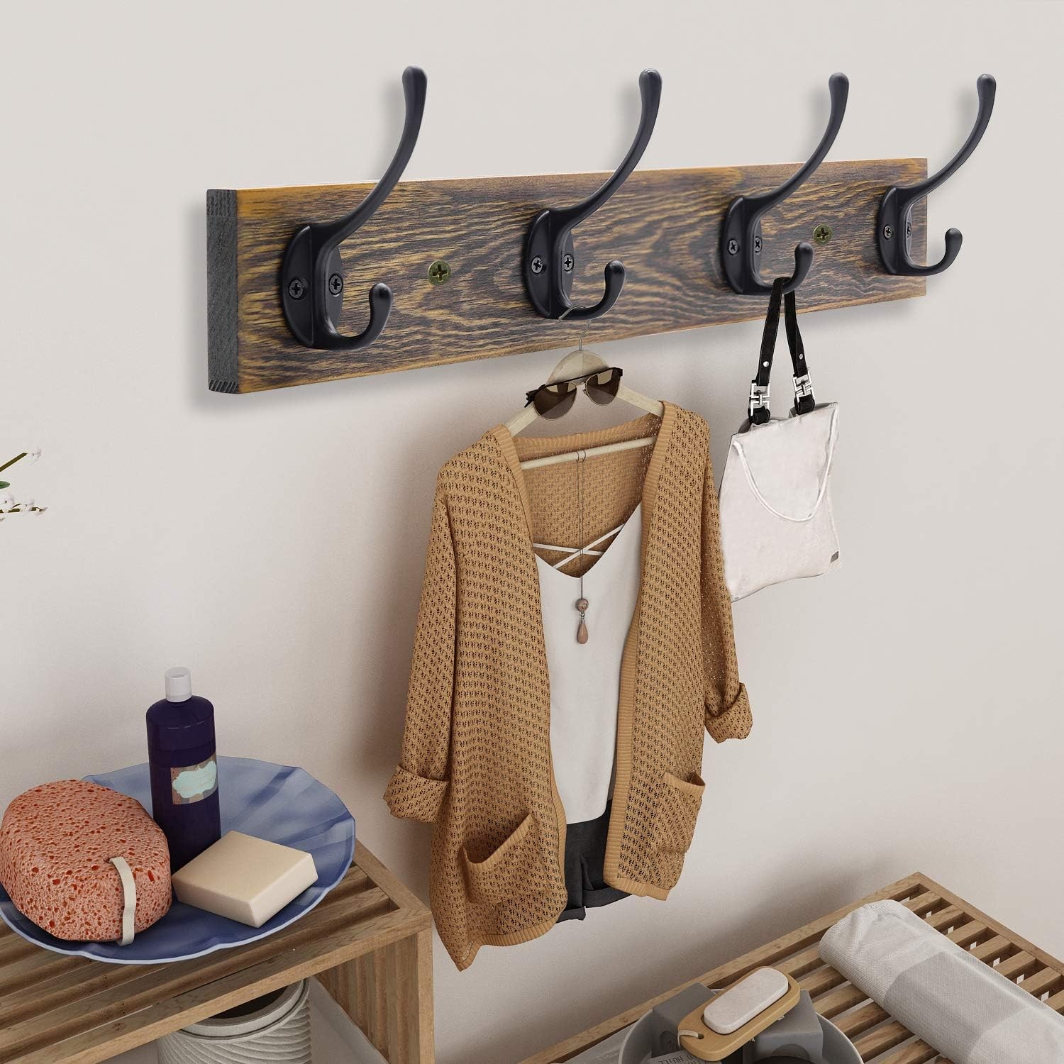 Wall Mounted Coat Rack, Entryway Hanging , Metal Wood Rack with 4 Black Literary