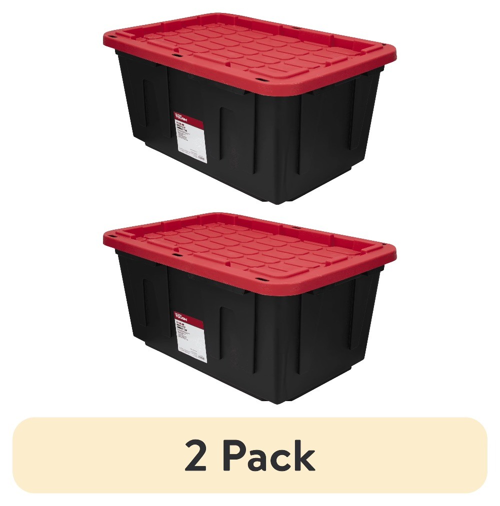 (2 pack) 27 Gallon Large Storage Bin with Snap Lid, Black and Red