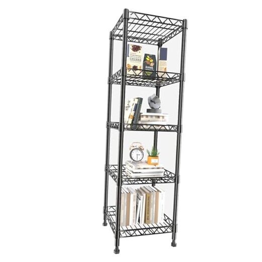 5 Tier Standing Shelving Metal Units, 11.8D x 11.8W x 50.0H (5Tier) Black