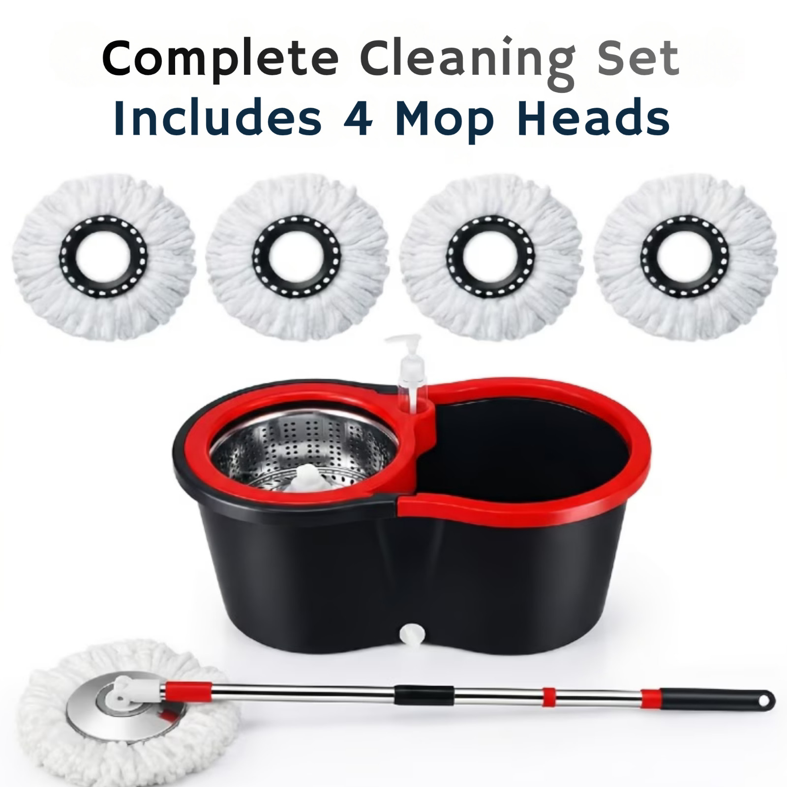 Spin Mop & Bucket Set 360° Rotating Floor Cleaning System with 4 Microfiber Head