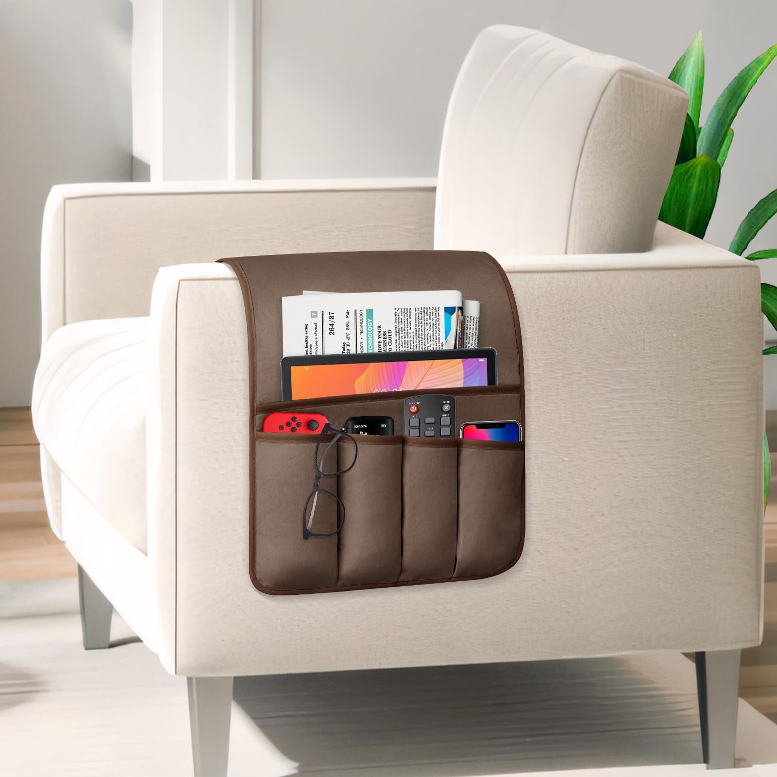 Brown Remote Control Holder Armchair Couch Bedside Organizer 5 Pockets