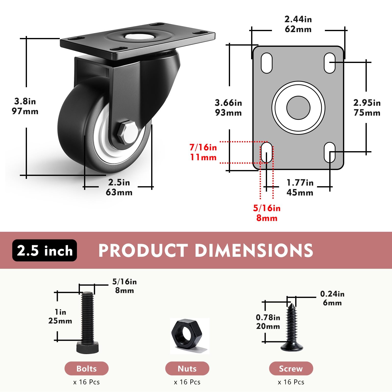 Caster Wheels, 2.5 Inch Heavy Duty Casters Set of 4, Load 1000lbs Industrial …