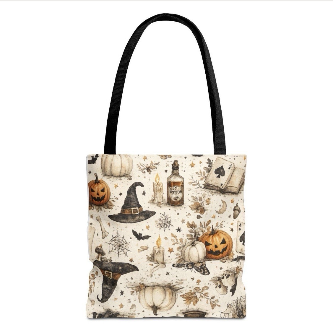 Halloween Print Canvas Tote Bag Beige/Black/Orange 14x14x16 in New