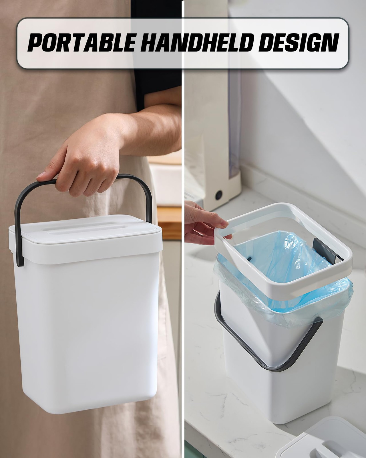 1.3 Gal Compost Bin, Hanging Small Trash Can with Lid, 5L/White