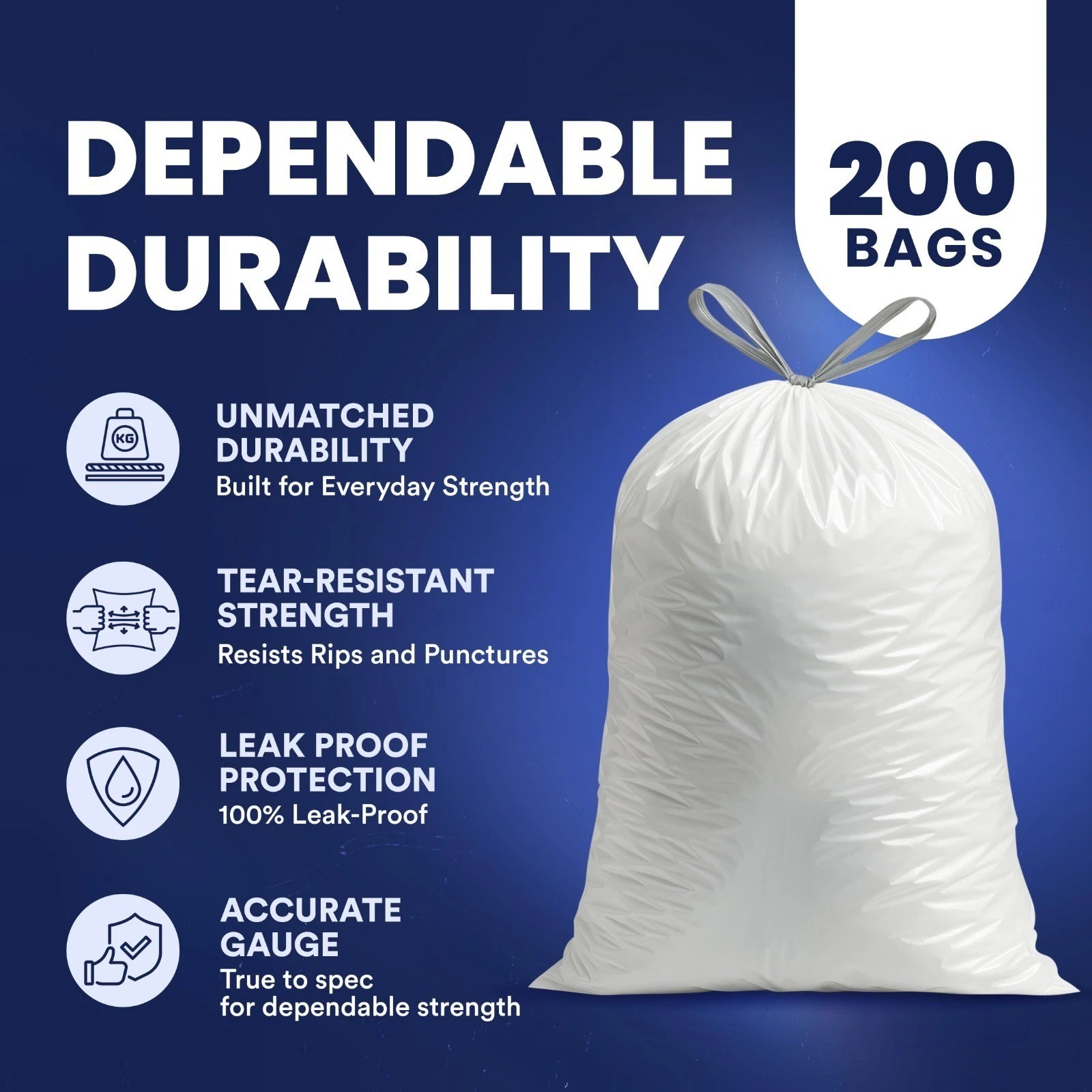 Plasticplace 8 Gallon White Trash Bags, White, 0.7 Mil, 200 Count