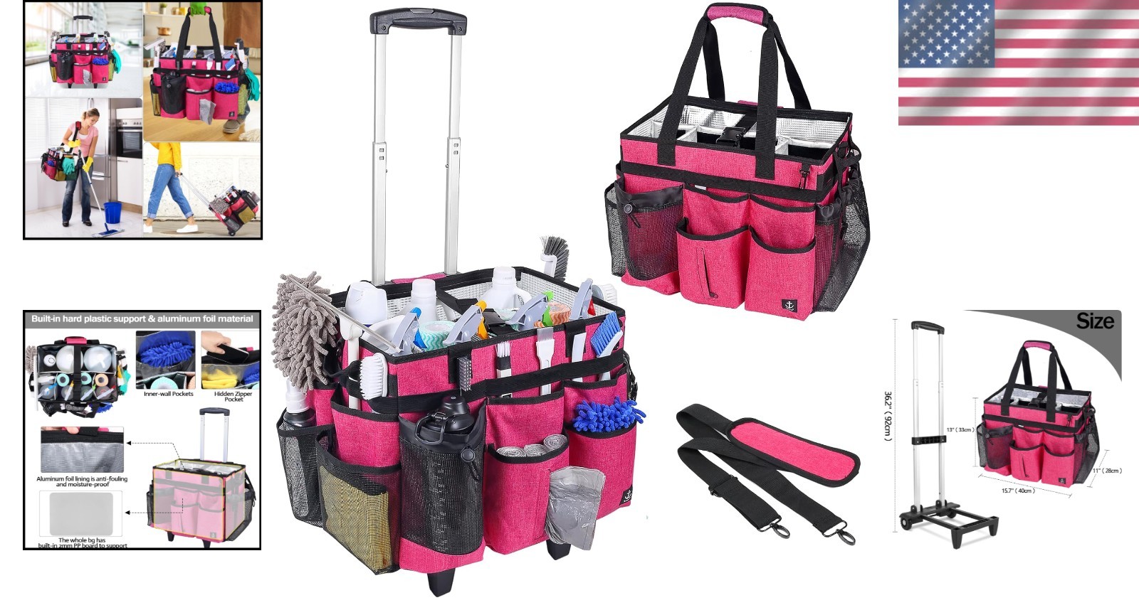 Waterproof Extra Large Cleaning Caddy with Multiple Pockets & Detachable Trolley