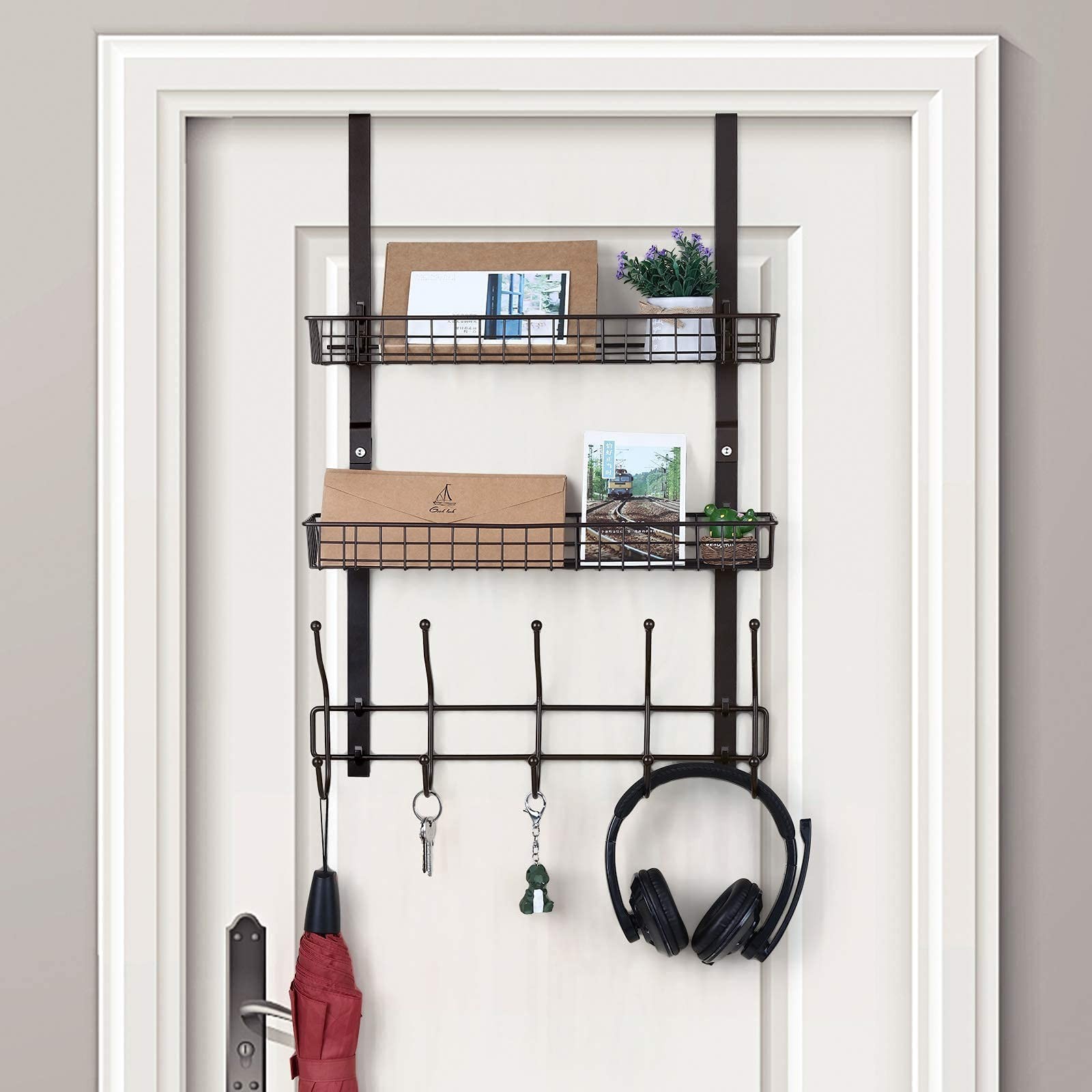 Over The Door Hook Rack with 5 Hooks 2 Basket Steel Durable Coat Racks Organizer