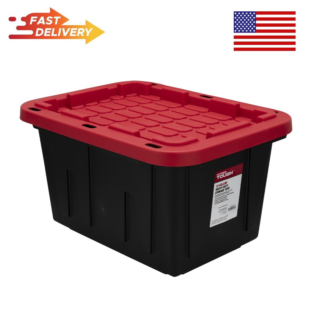 Hyper Tough 12 Gallon Storage Bin w/ Snap Lid, Black/Red Heavy Duty Container