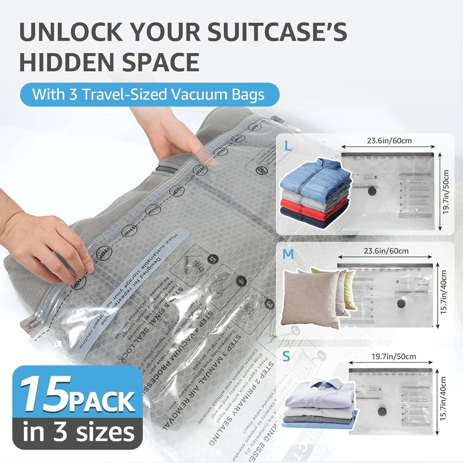 15 Pack Vacuum Bags with Pump 3 Sizes for Travel Clothing Compression Luggage