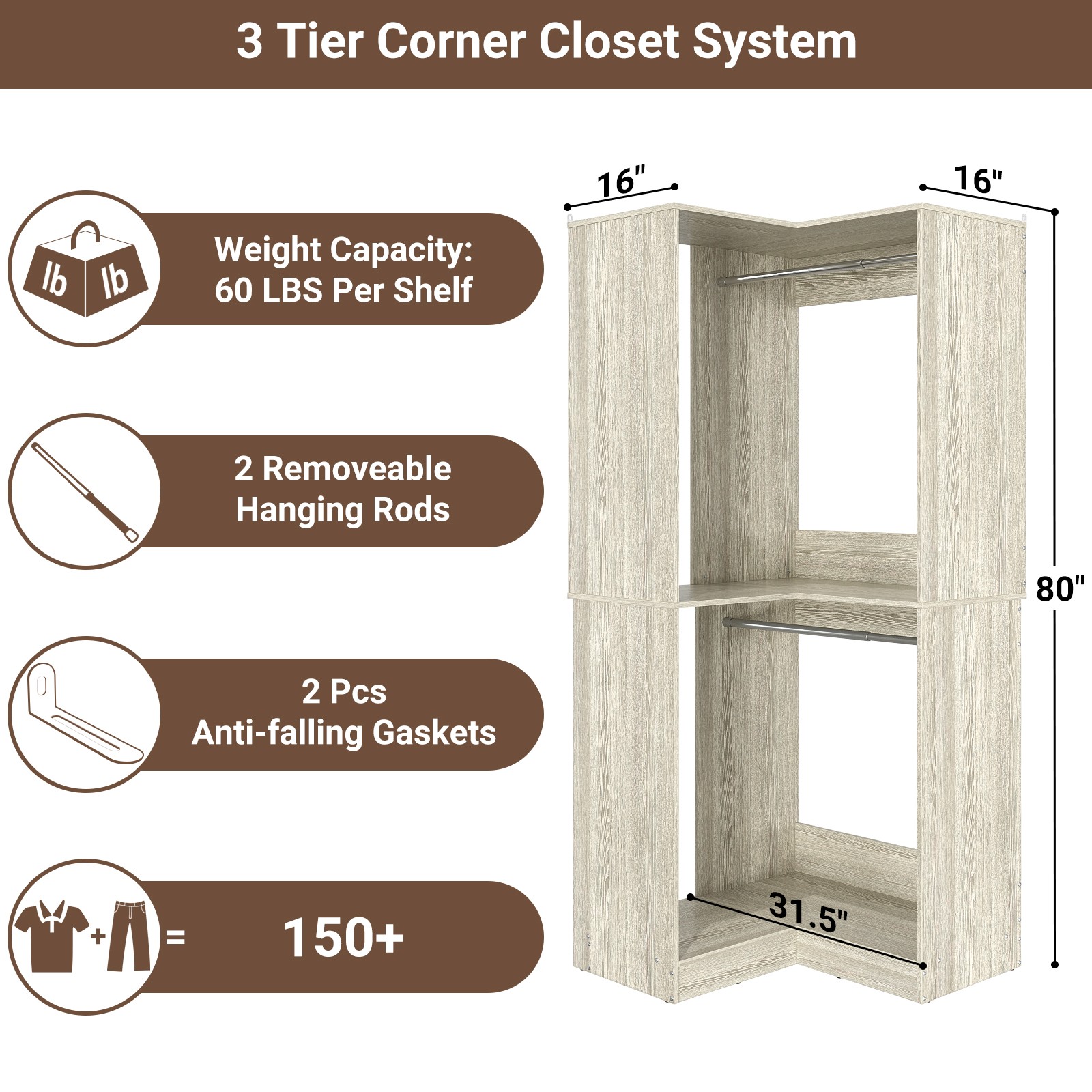32″ Wide Wood Corner Closet Organizer System with 2 Hanging Rod & Storage Shelve