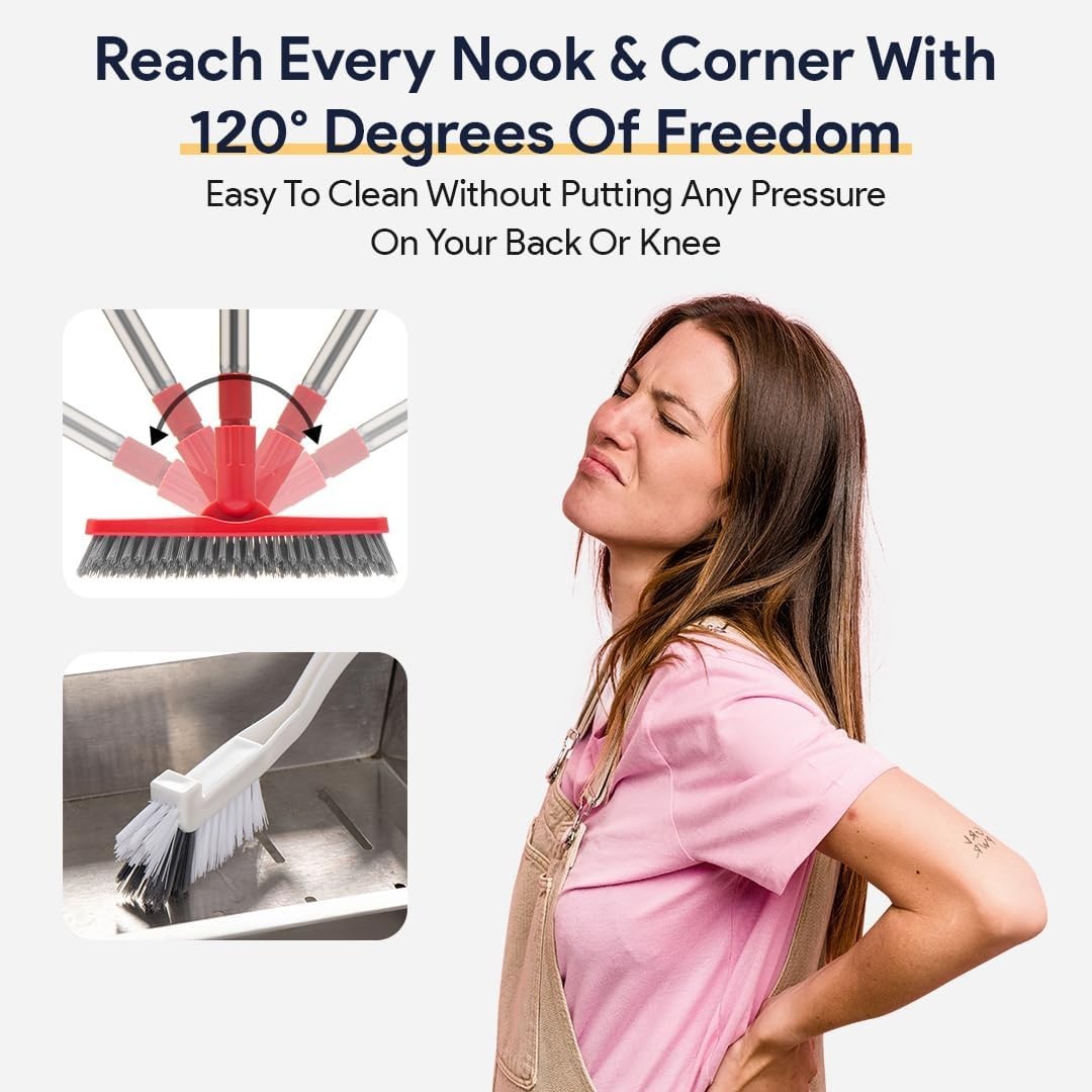 Living Grout Brush with Long Handle & Handheld Stiff Bristle Scrubber, V-Shap…